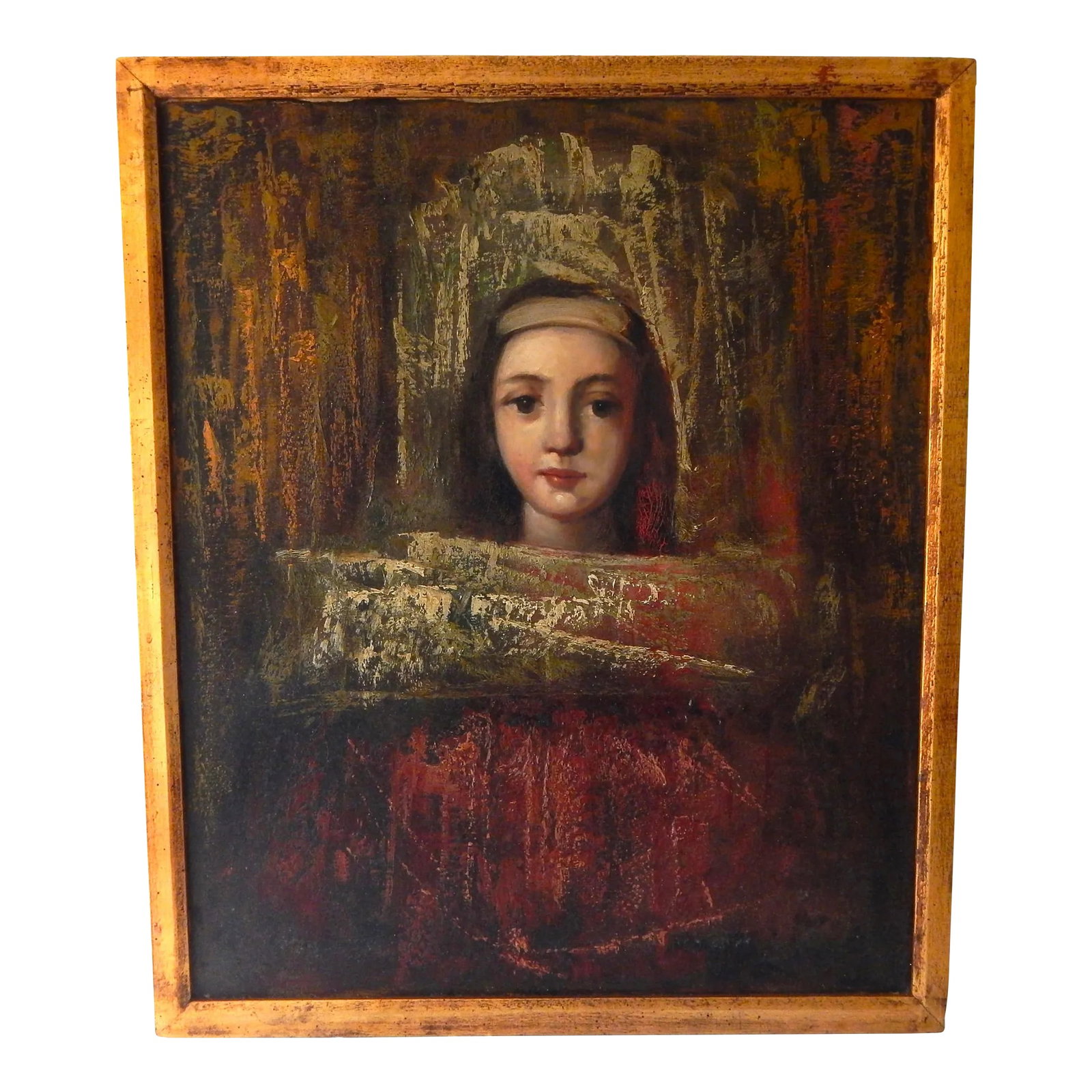 Mid 20th Century Roman Girl, Oil on Canvas by Furio Barcellini, Framed: Captivating "Roman Girl" oil on canvas painting by Furio Barcellini. Original work features moody colors and undertones, skillful palette knife work and striking impasto textures. Original gilded wood