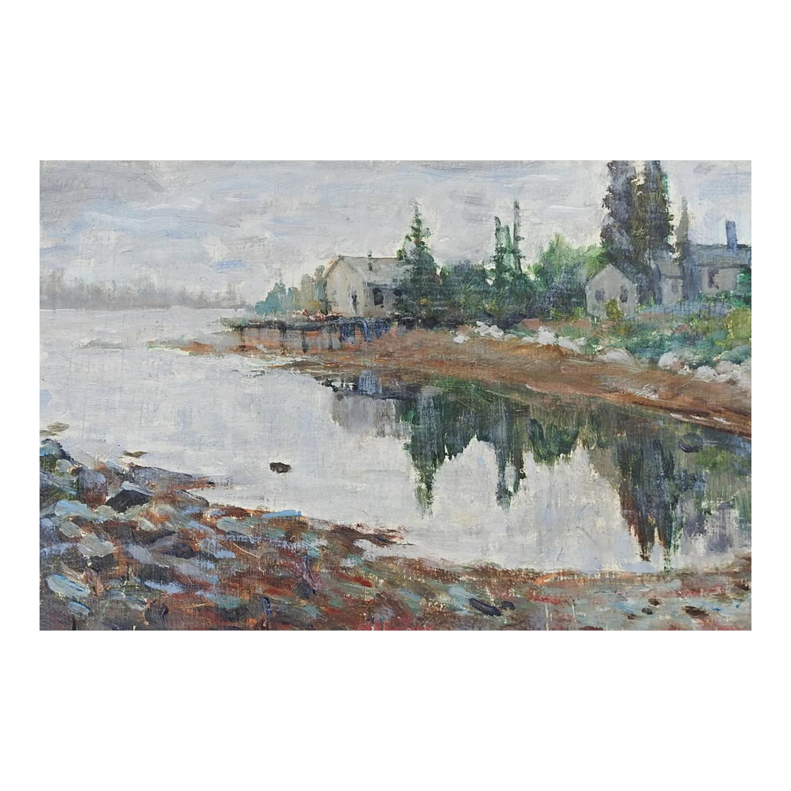 Small Late 20th Century Plein Air Deer Island Maine Painting: Small late 20th century oil on wood panel painting by Alfred G Vetromile (1917-2006) American. Signed and titled "Deer Island Maine Sketch" on verso. He studied aeronautical engineering at New York
