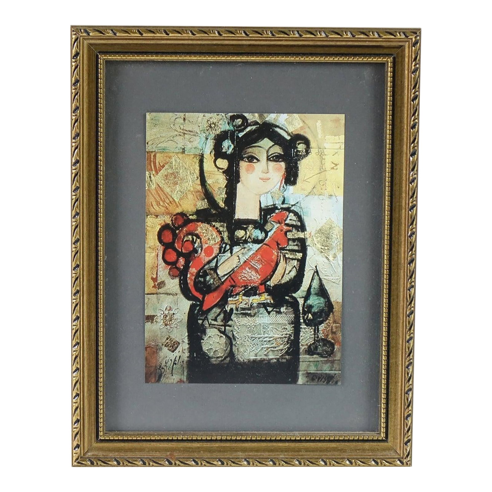 The Maiden and the Rooster - Persian Portrait of a Maiden, Mixed Media Print, Signed by Ovissi: A captivating blend of cultural heritage and modern expression, this signed mixed media print by renowned artist Nasser Ovissi portrays a stylized maiden cradling a vibrant red rooster. Executed in