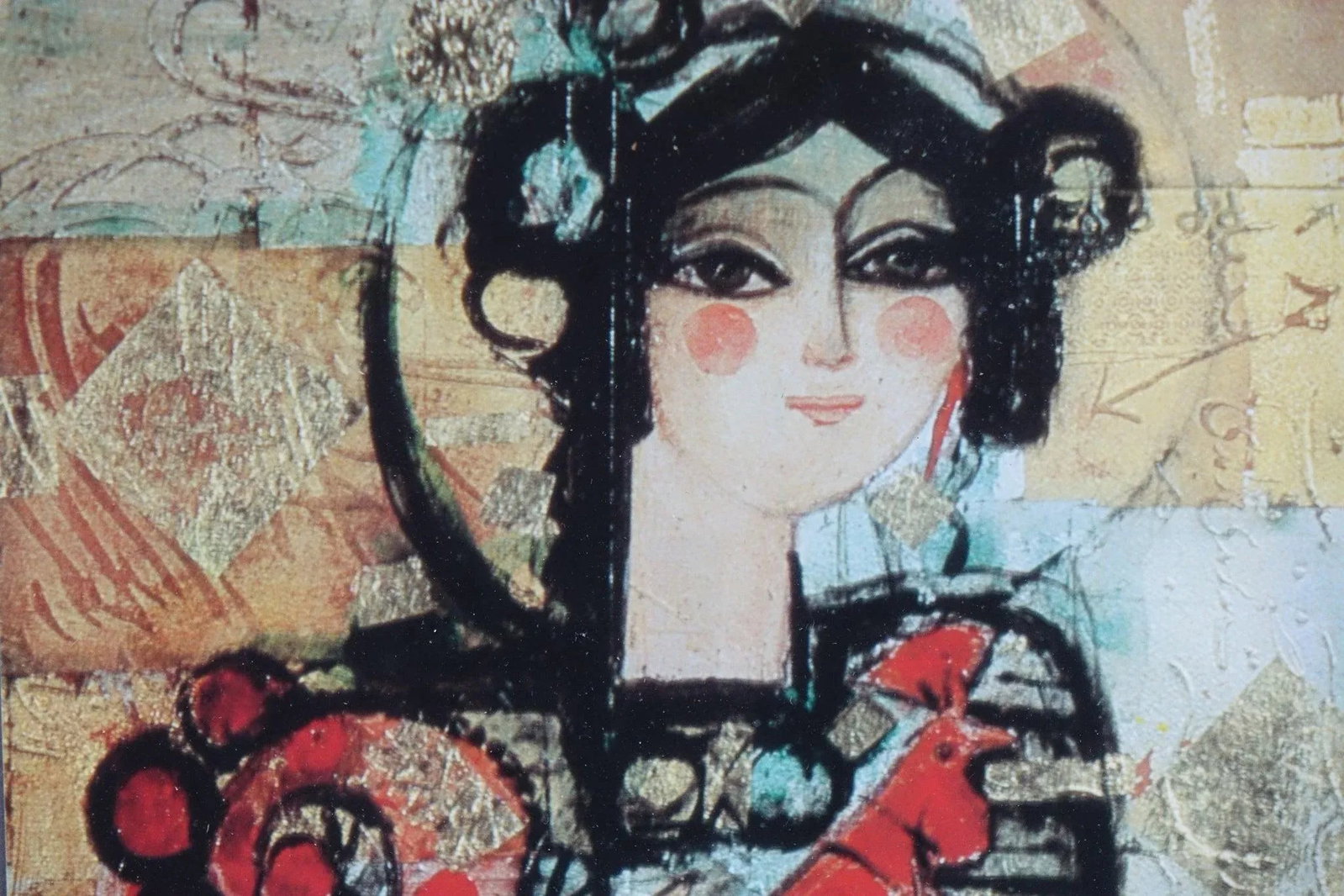 The Maiden and the Rooster - Persian Portrait of a Maiden, Mixed Media Print, Signed by Ovissi - 4