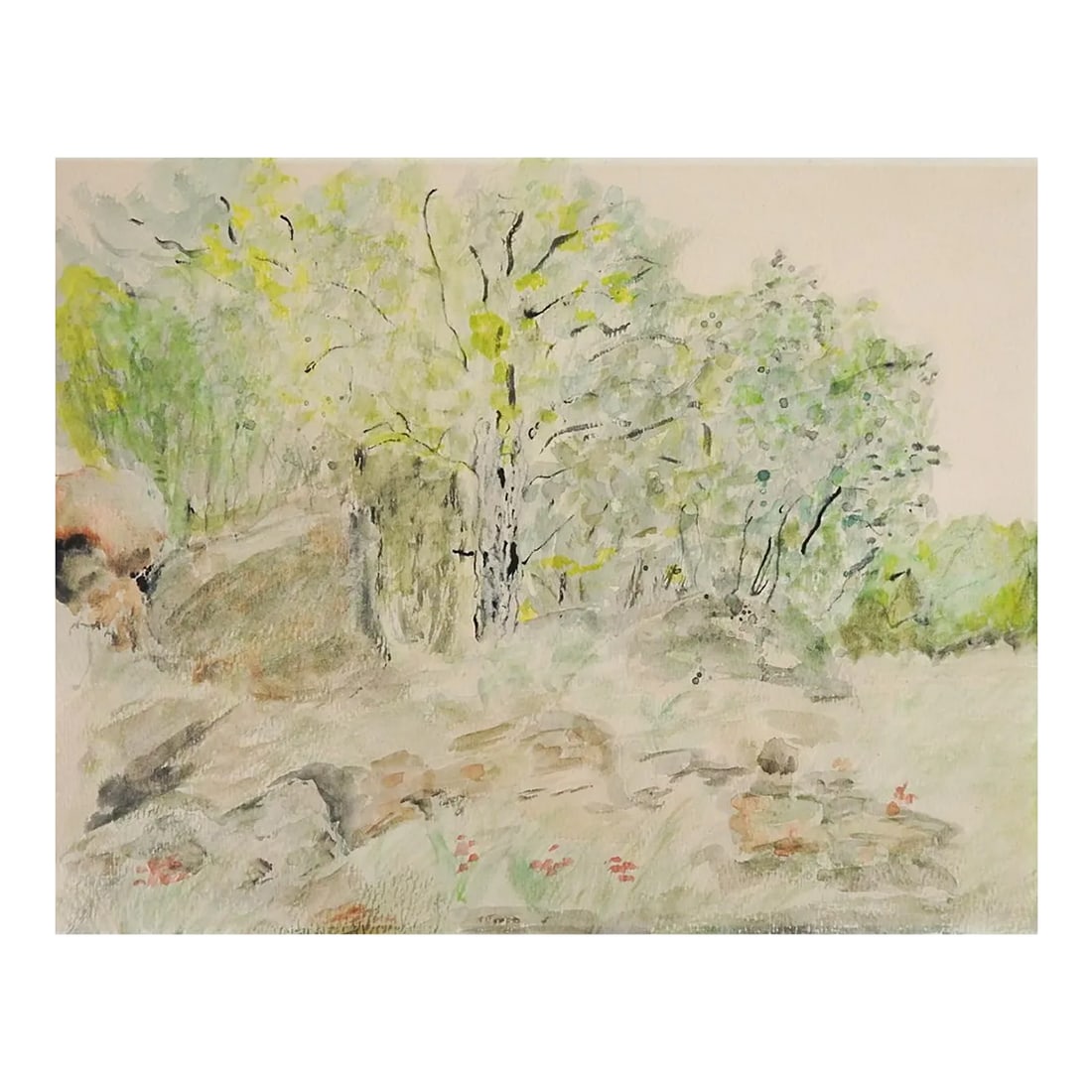 Mid 20th Century Impressionist Forest Meadow Landscape Watercolor Painting: Vintage mid 20th century watercolor on paper impressionist forest meadow landscape painting. Unsigned. Unframed, age toning, tape remains on edge. Condition: Alterations: Original Condition Unaltered 