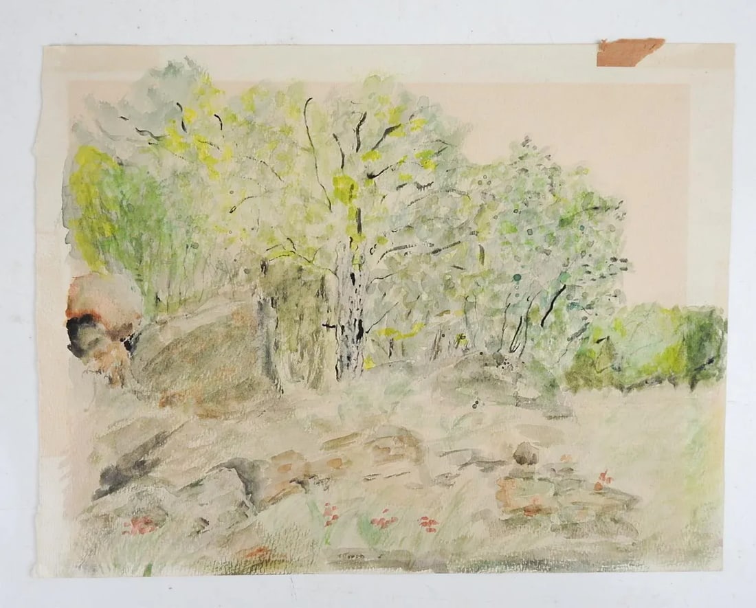 Mid 20th Century Impressionist Forest Meadow Landscape Watercolor Painting - 2