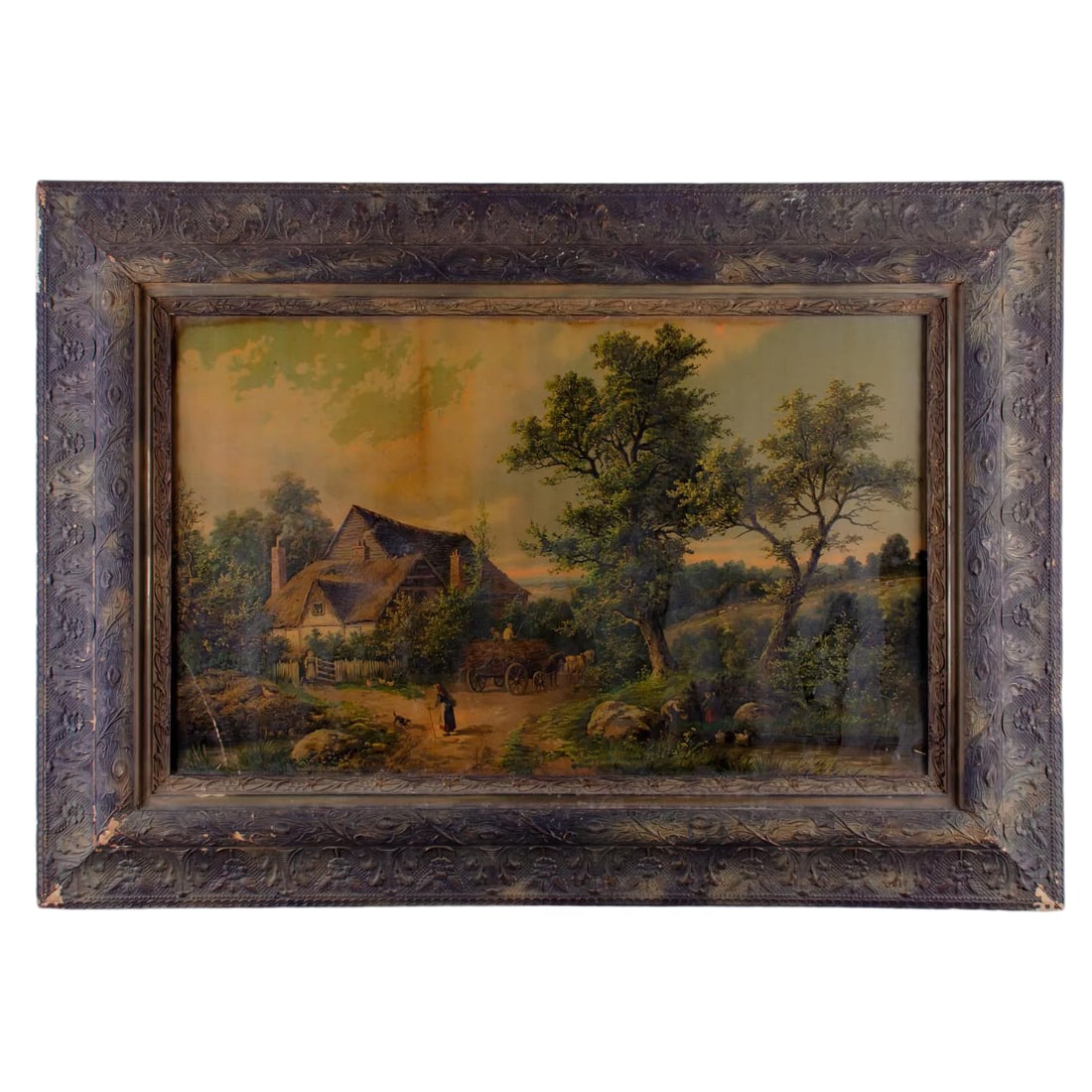 Late 19th Century Antique Pastoral Scene Lithograph Print: Large distressed antique pastoral landscape lithograph in period frame. Previous owner said it was removed from the Pirate's House in Savannah, Ga where it hung for many years. Sight: 35 1/2 by 21 1/2