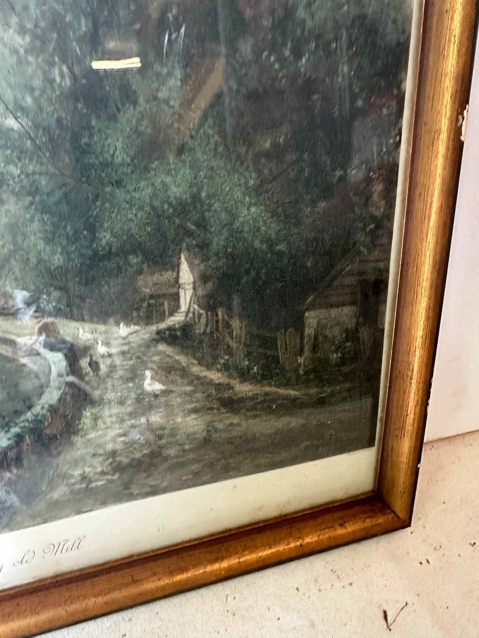 1970s Framed Print of Stone Bridge and Lake, Signed by Artist - 5