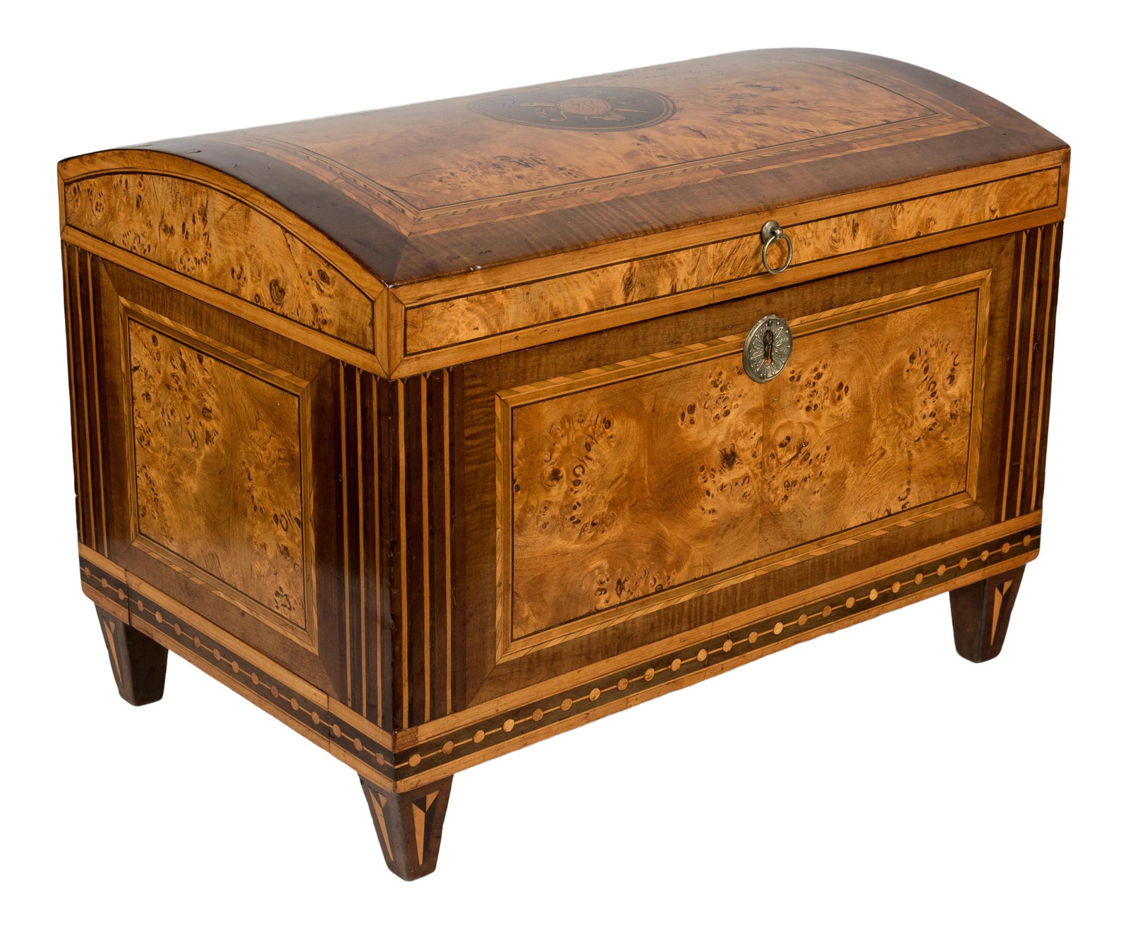 19th Century Italian Marquetry Box: An early 19th century miniature Italian coffer, or hinged box, made of solid walnut with marquetry inlay of various woods and book matched bird's eye maple veneer. The design on the top of the box ind