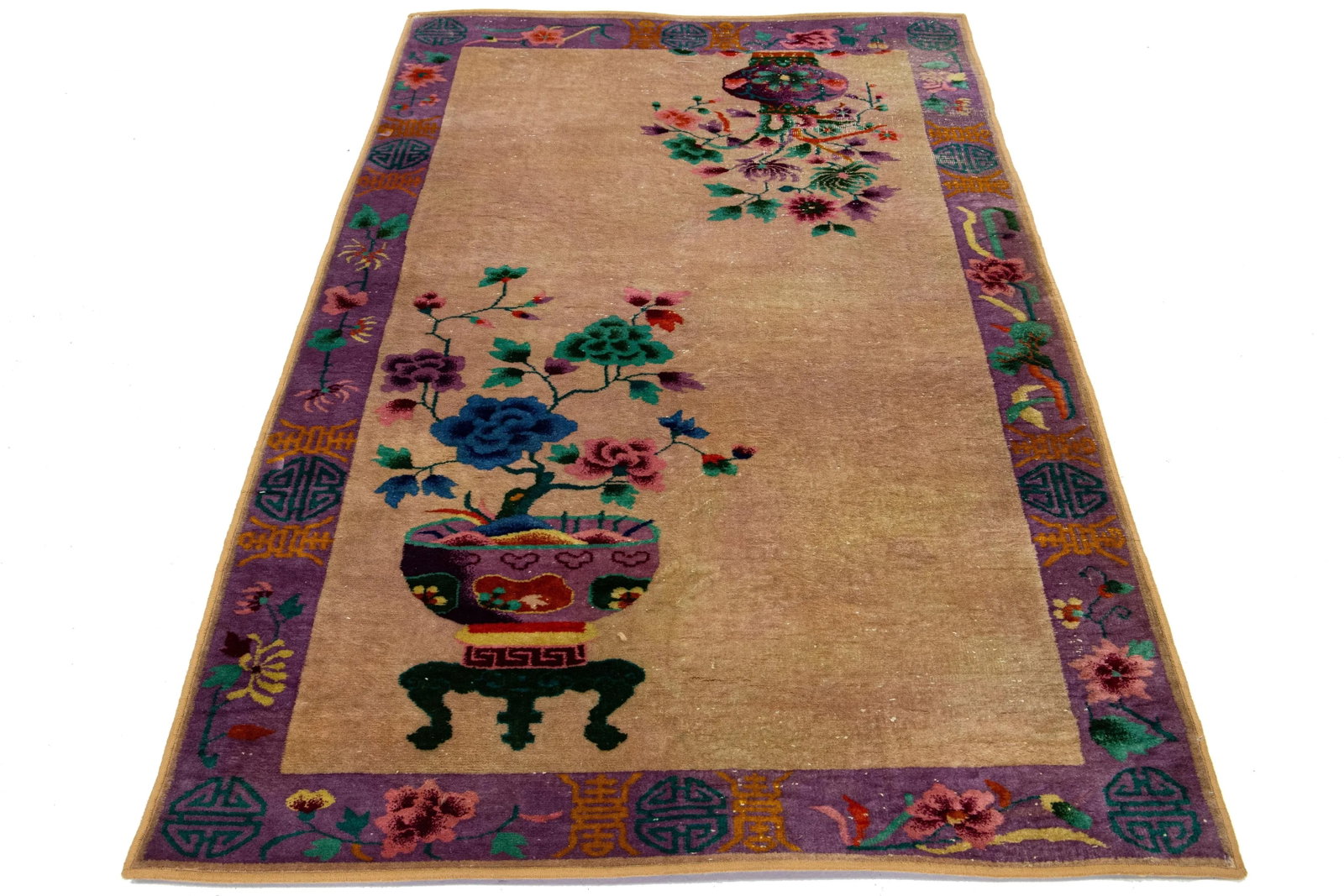 Antique Art Deco Tan and Purple Wool Rug With Classic Chinese Motif 4 X 7 - 2
