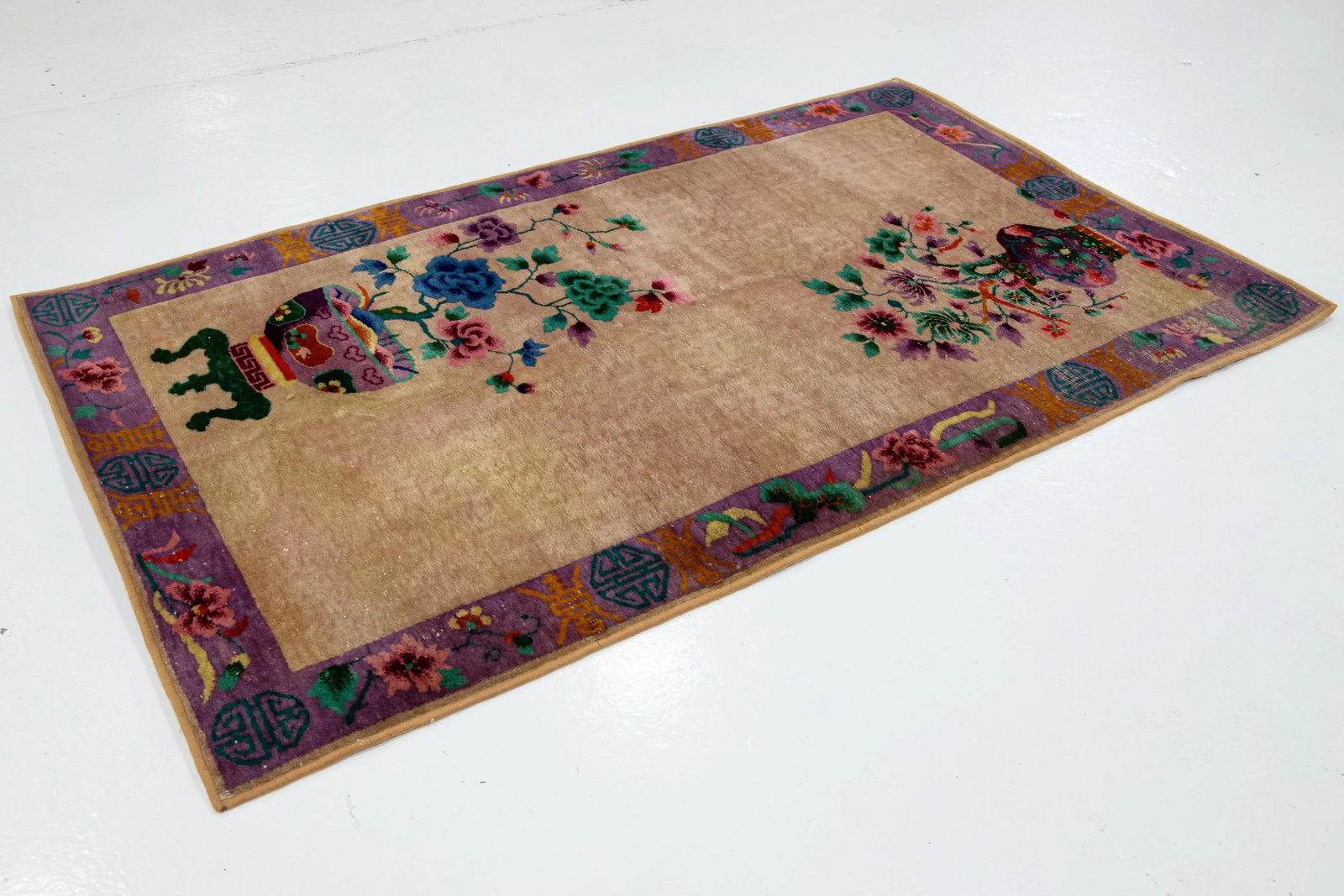 Antique Art Deco Tan and Purple Wool Rug With Classic Chinese Motif 4 X 7 - 3