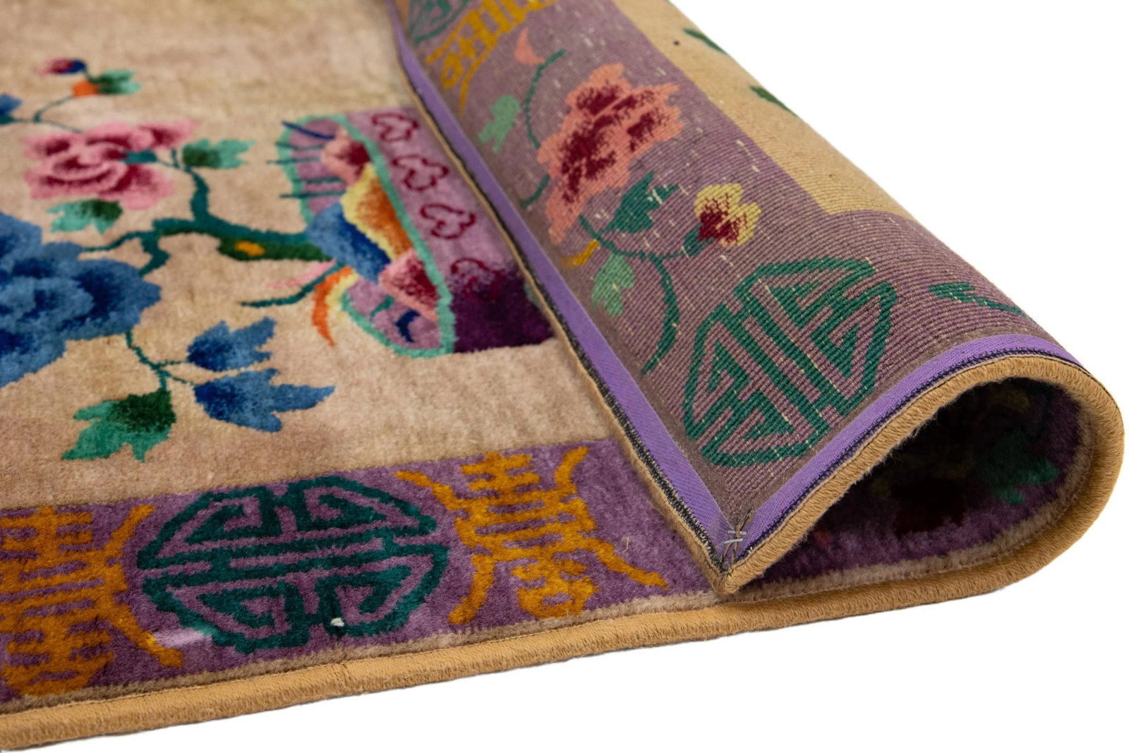 Antique Art Deco Tan and Purple Wool Rug With Classic Chinese Motif 4 X 7 - 4