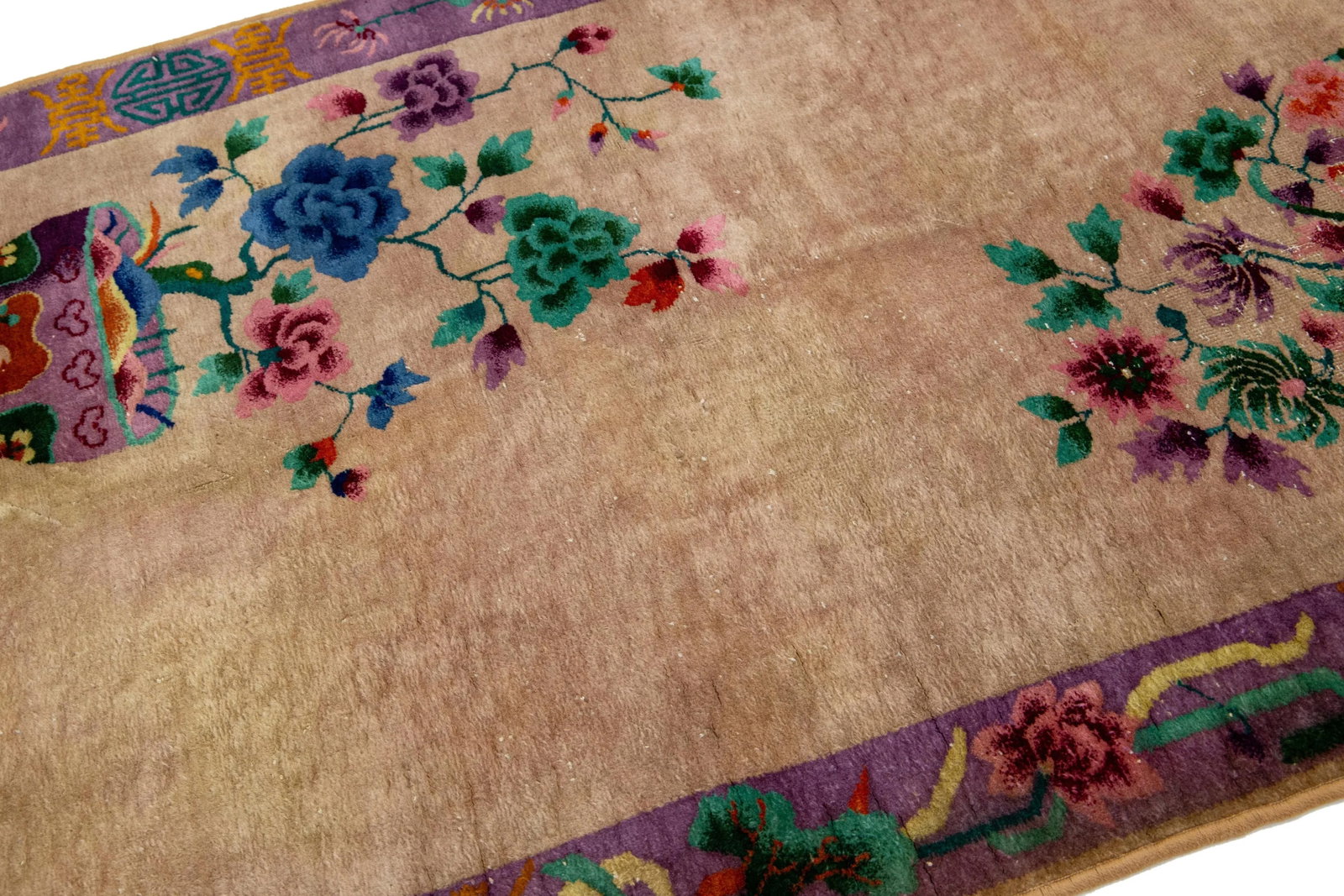 Antique Art Deco Tan and Purple Wool Rug With Classic Chinese Motif 4 X 7 - 5