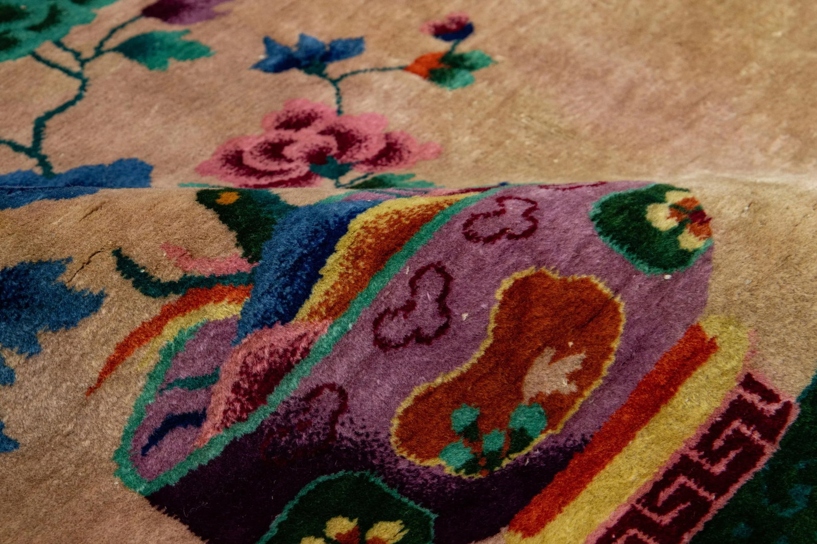 Antique Art Deco Tan and Purple Wool Rug With Classic Chinese Motif 4 X 7 - 6