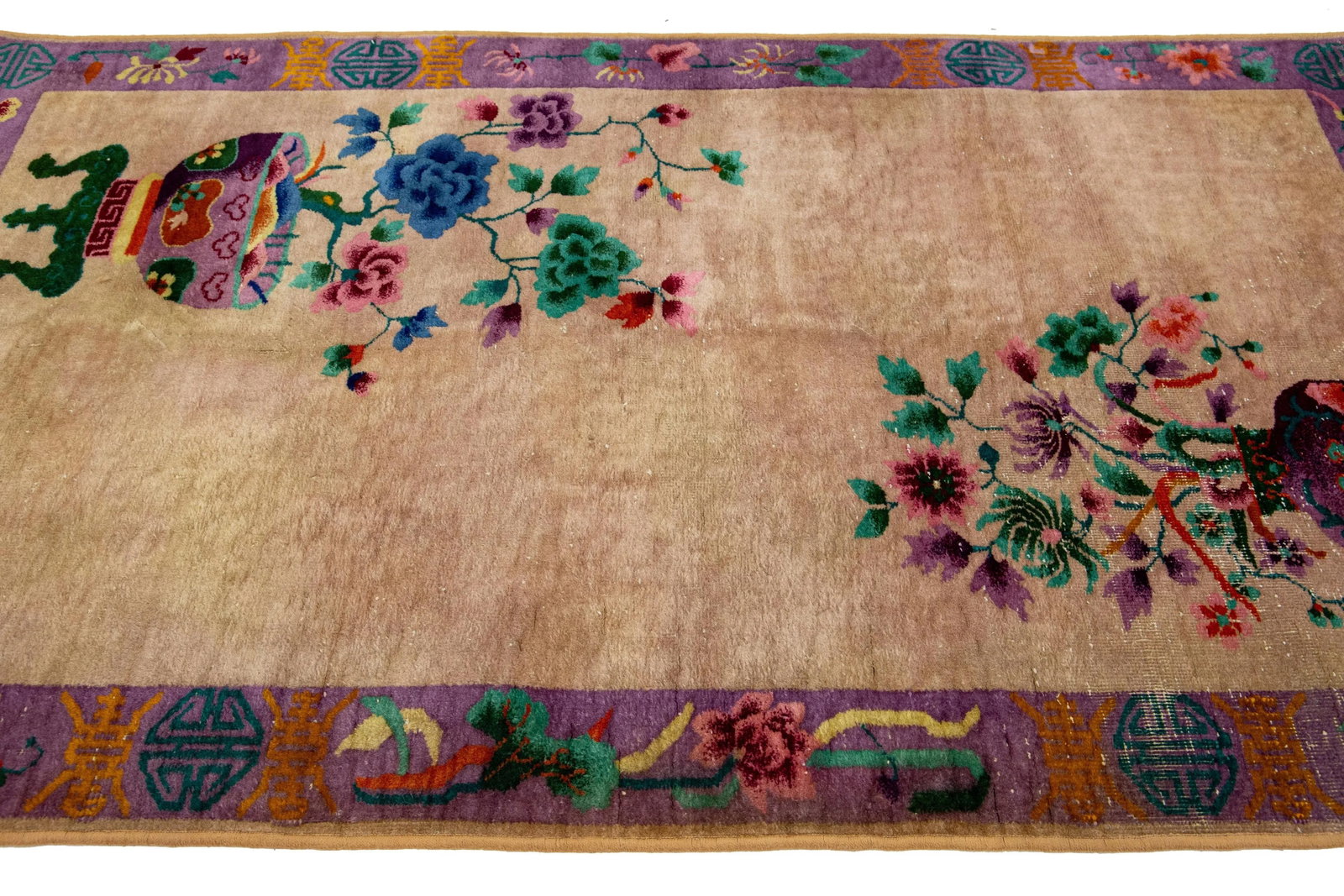 Antique Art Deco Tan and Purple Wool Rug With Classic Chinese Motif 4 X 7 - 7