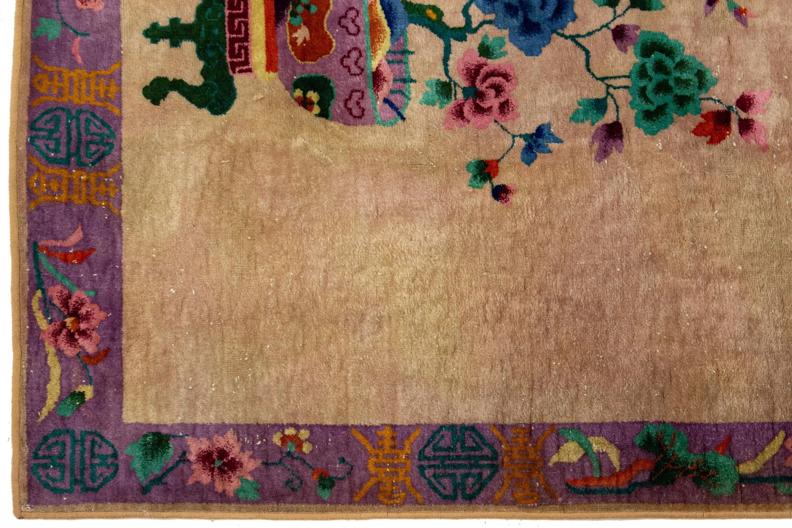Antique Art Deco Tan and Purple Wool Rug With Classic Chinese Motif 4 X 7 - 8