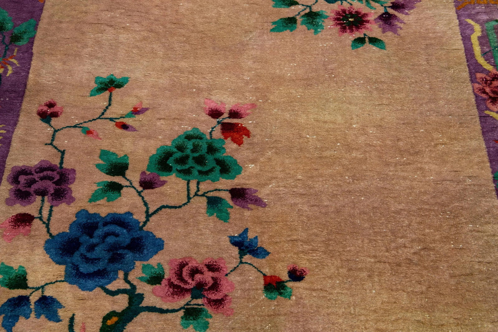 Antique Art Deco Tan and Purple Wool Rug With Classic Chinese Motif 4 X 7 - 9