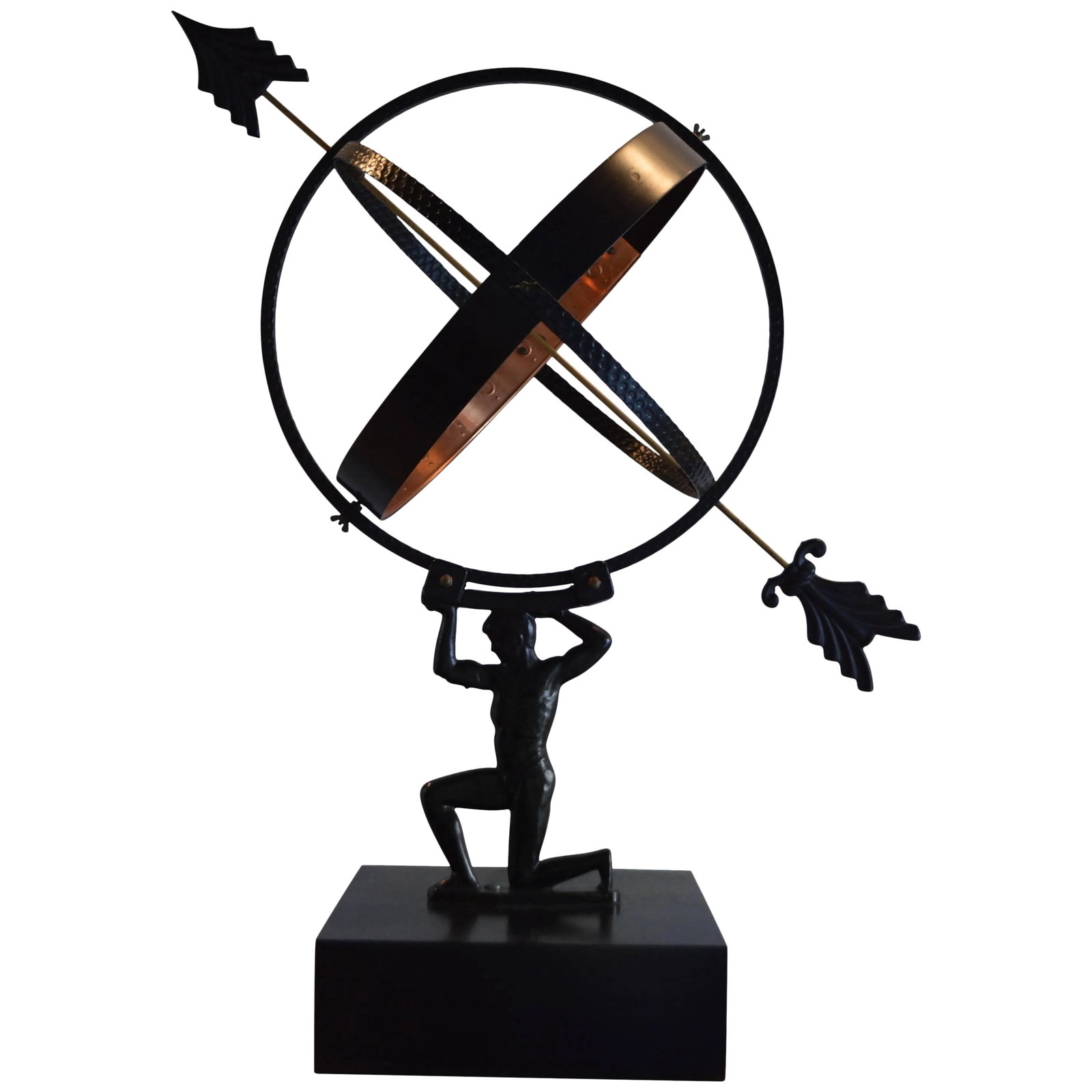 Vintage Swedish Armillary Sculpture: This figural armillary of Atlas, constructed of metal with a copper numeric banding, hails from Sweden. Original matte black finish and mounted on a well-proportioned custom wooden pedestal also
