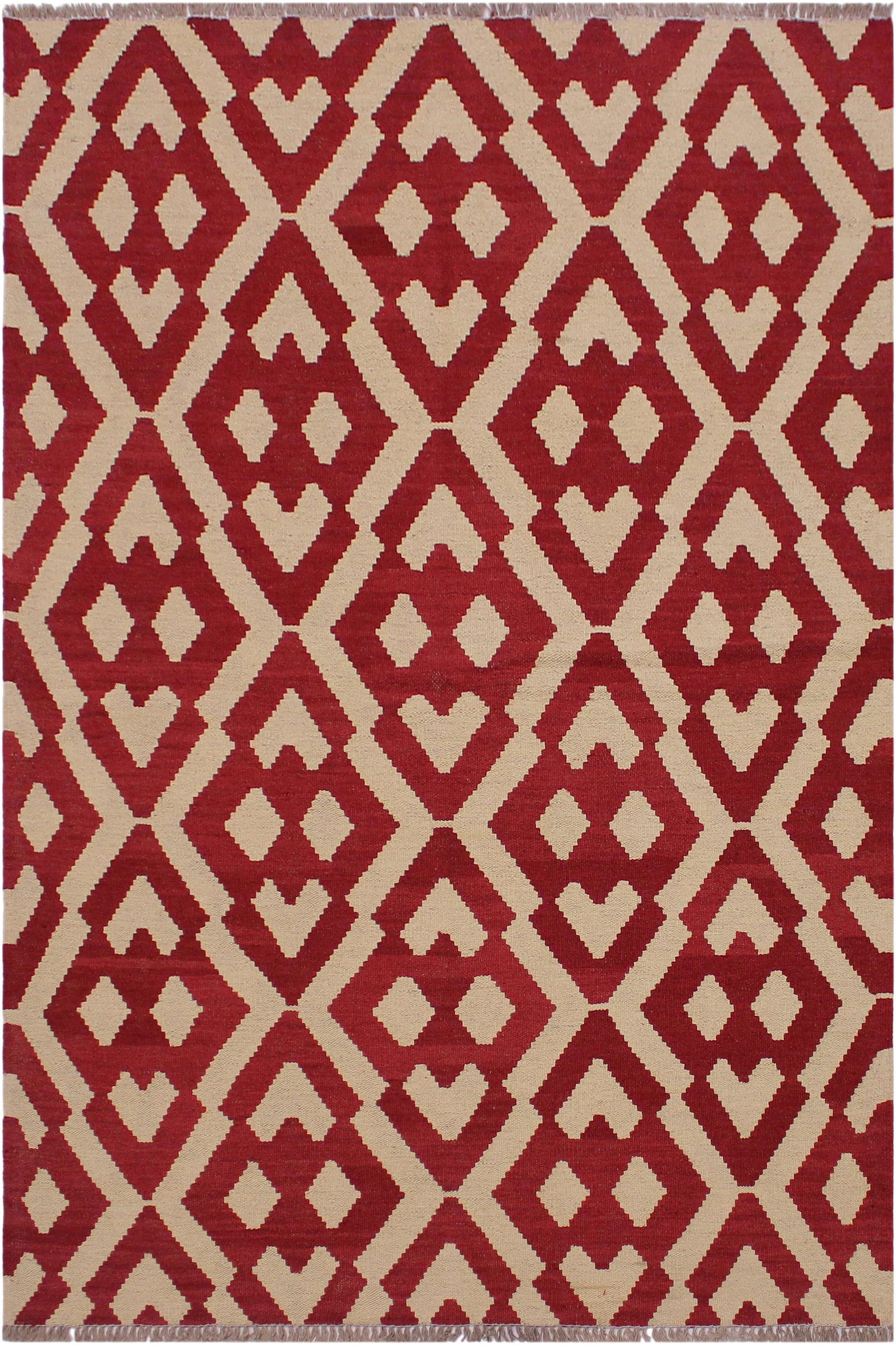 Contemporary Kilim Red/Ivory Hand-Woven Wool Rug - 4'3 X 5'8: Add a touch of elegance to your home with this casual chic hand woven Tribal Kilim wool rug. Constructed on a loom by Nomad Turkman people with hand spun wool and 100% Natural Vegetable dyes these bea