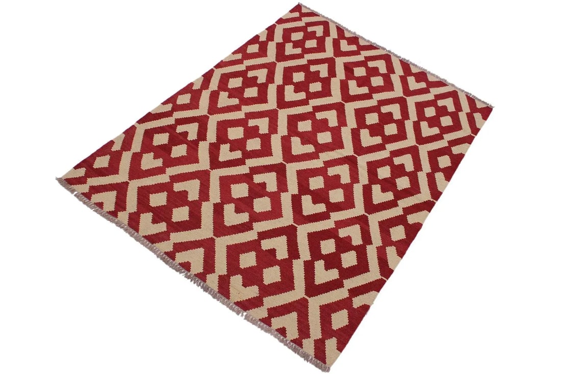 Contemporary Kilim Red/Ivory Hand-Woven Wool Rug - 4'3 X 5'8 - 2