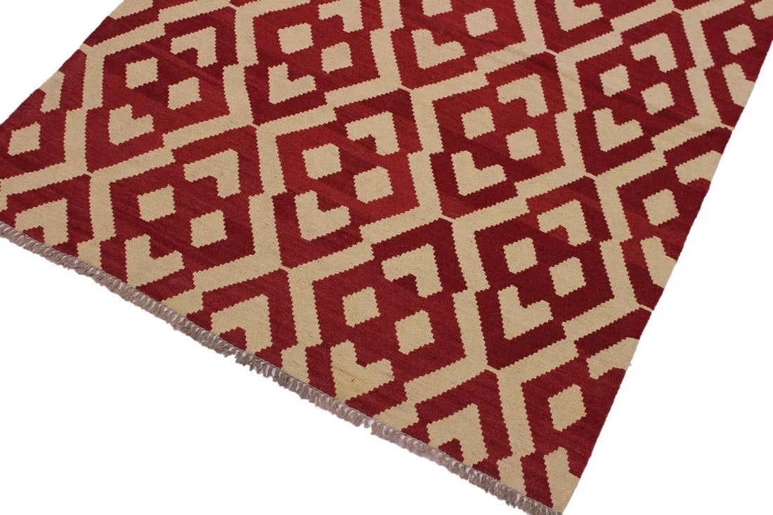 Contemporary Kilim Red/Ivory Hand-Woven Wool Rug - 4'3 X 5'8 - 3