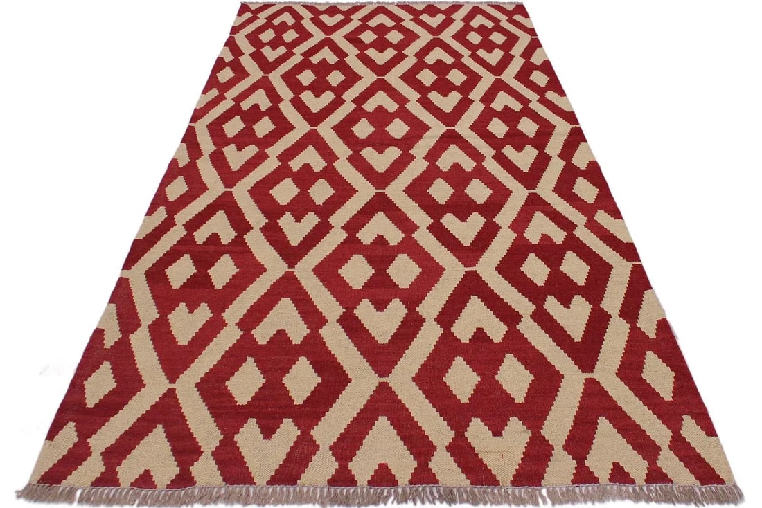 Contemporary Kilim Red/Ivory Hand-Woven Wool Rug - 4'3 X 5'8 - 5