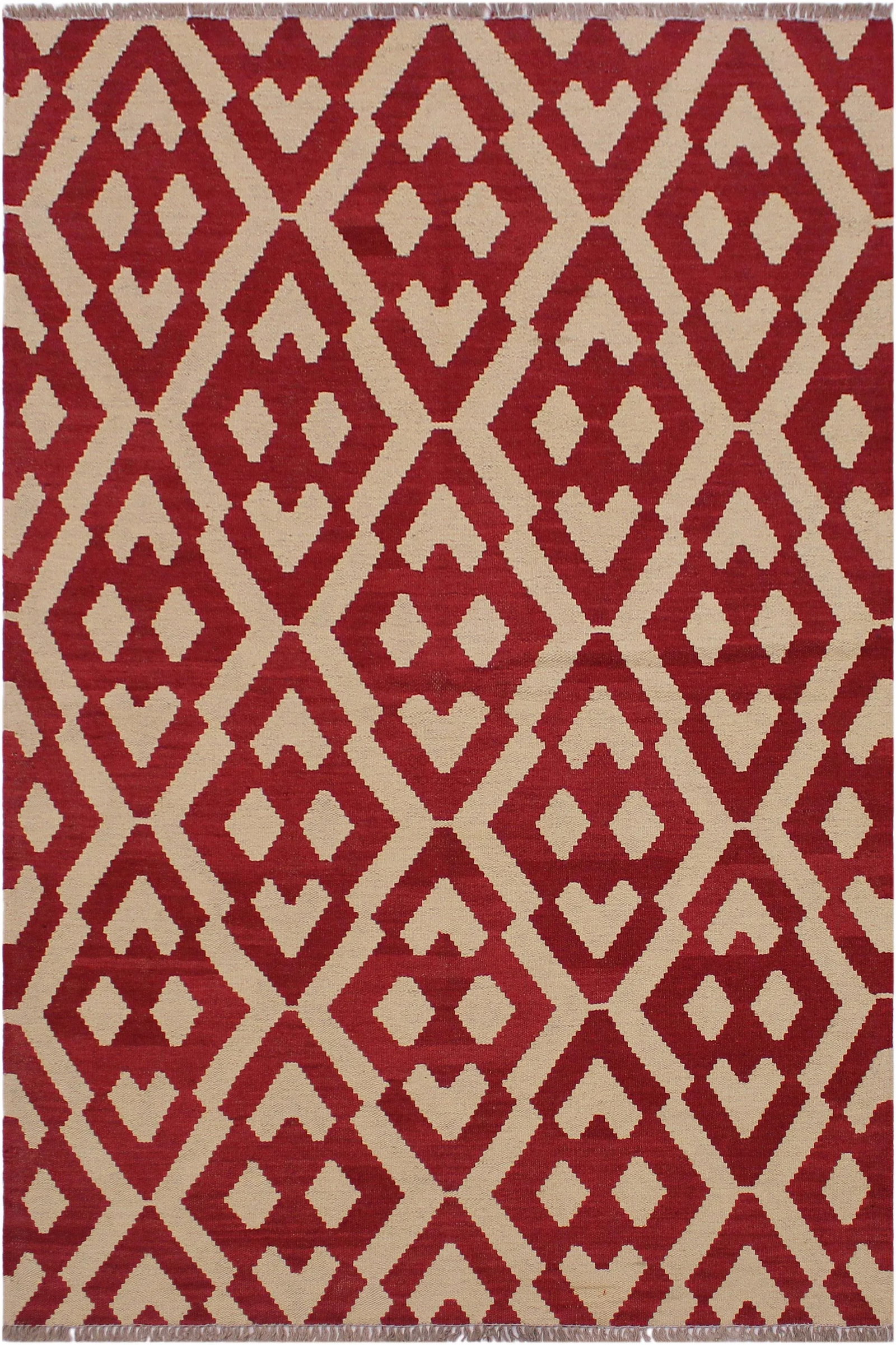 Contemporary Kilim Red/Ivory Hand-Woven Wool Rug - 4'3 X 5'8 - 8