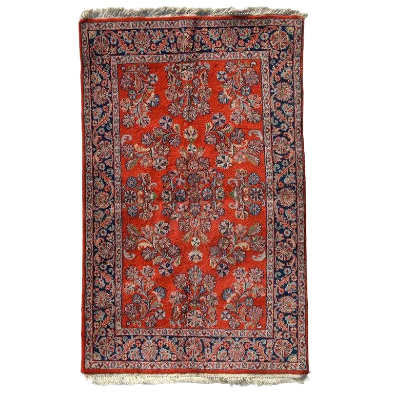 1950s Handmade Vintage Tapestry Hand Knotted Red Green & Blue Textile Art: For your consideration: an Vintage Persian Rug Red Green and Blue Tones Handmade Knotted Pleasant pattern, Silk and Wool 1950s Textile Art Dimensions: 46 x 74 Weight approximately 20 lbs. Unrestored. 