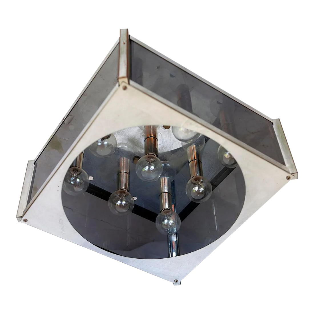 1970s Mid-Century Modern Chrome & Smokey Glass, 9 Light Ceiling Mount Light Fixture: MCM Chrome & Smokey Glass, 9 Light Ceiling Mount Light Fixture by Frederick Raymond. Adds Dimension to small spaces. Condition: Alterations: Original Condition Unaltered Imperfections: Some Imperfecti