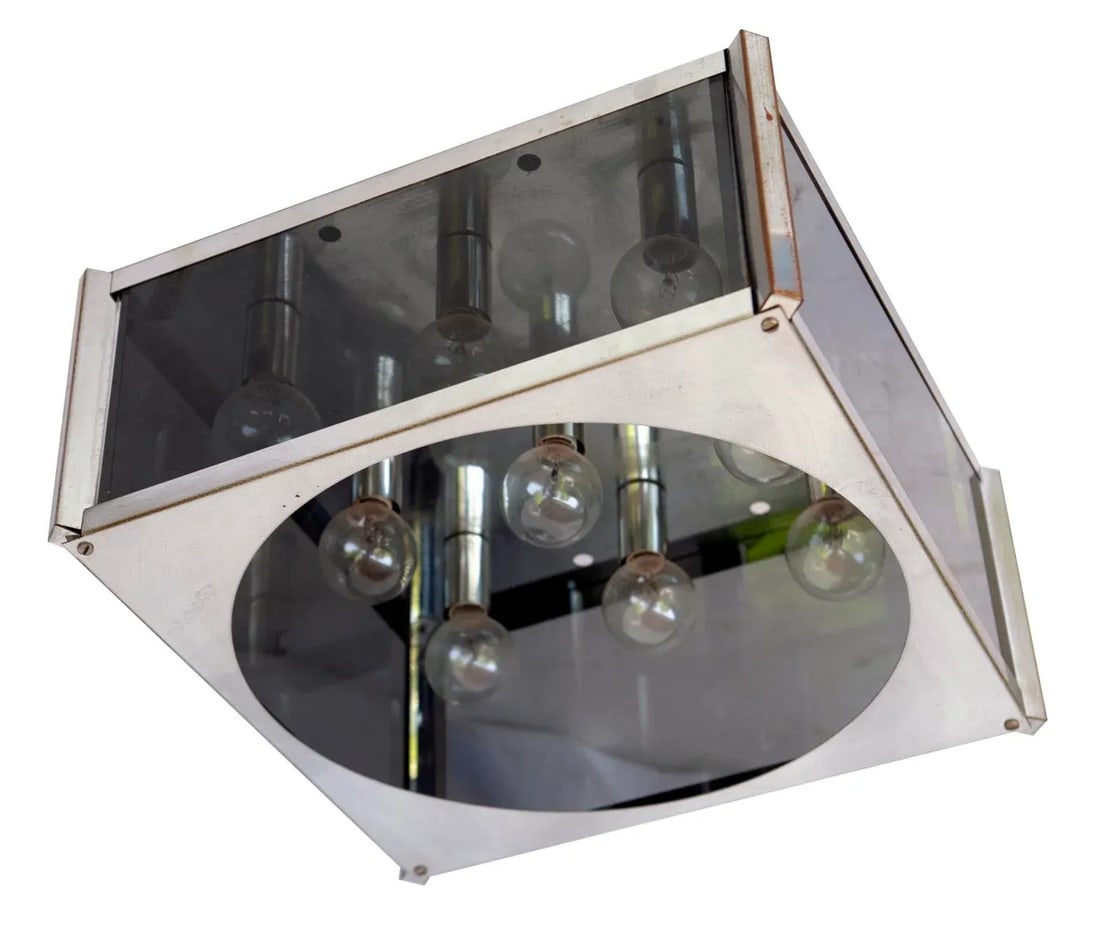 1970s Mid-Century Modern Chrome & Smokey Glass, 9 Light Ceiling Mount Light Fixture - 2