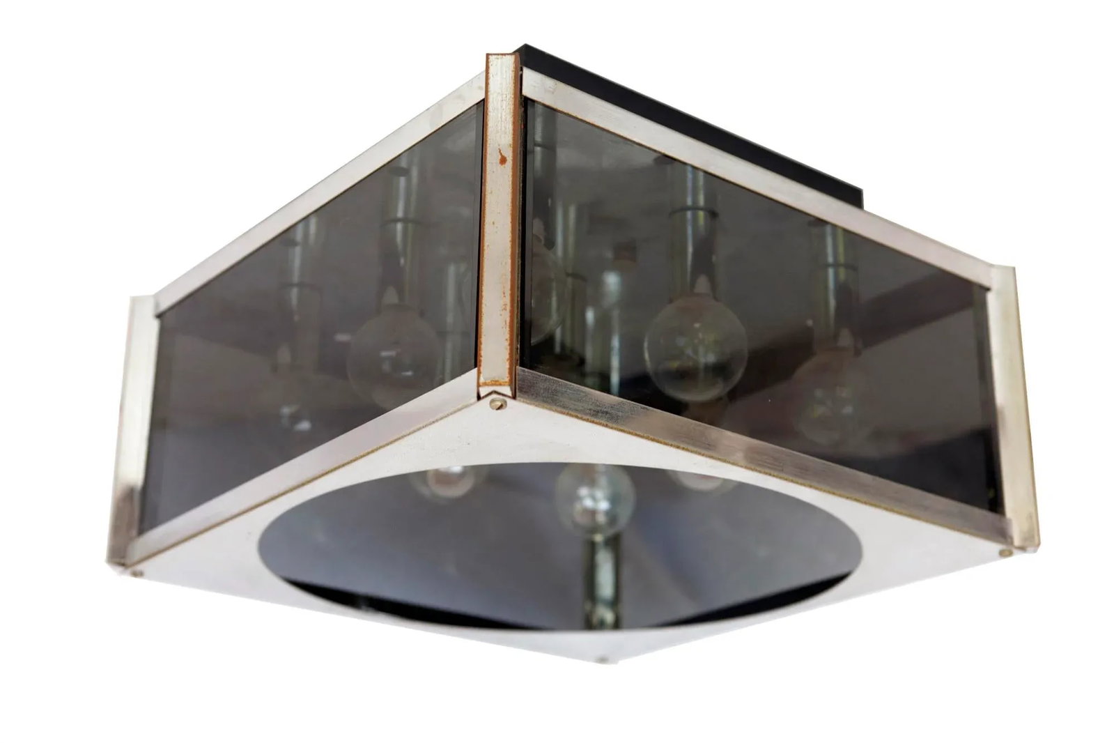 1970s Mid-Century Modern Chrome & Smokey Glass, 9 Light Ceiling Mount Light Fixture - 3