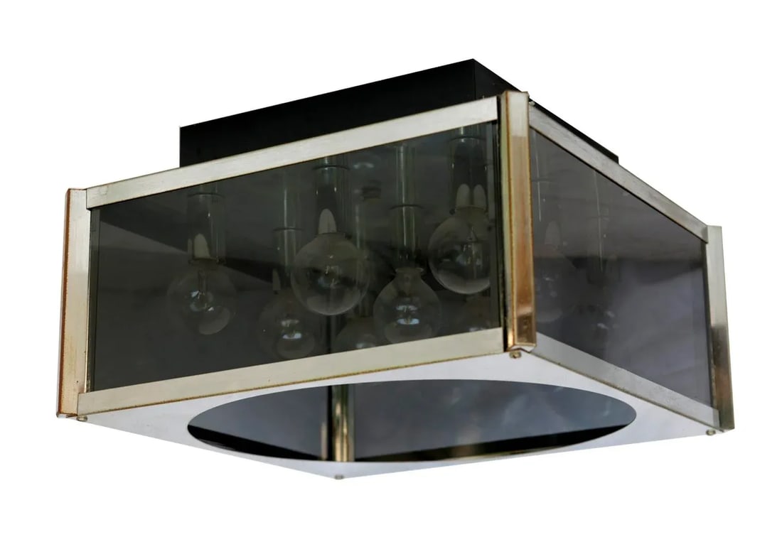 1970s Mid-Century Modern Chrome & Smokey Glass, 9 Light Ceiling Mount Light Fixture - 4