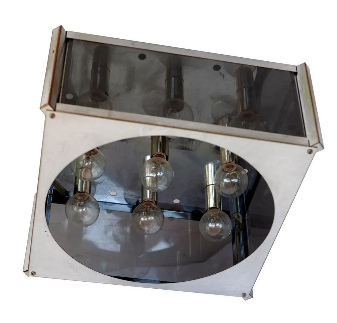 1970s Mid-Century Modern Chrome & Smokey Glass, 9 Light Ceiling Mount Light Fixture - 5