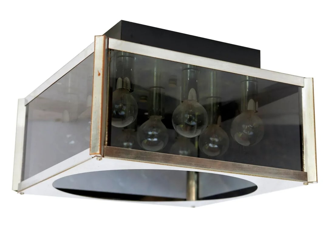 1970s Mid-Century Modern Chrome & Smokey Glass, 9 Light Ceiling Mount Light Fixture - 6