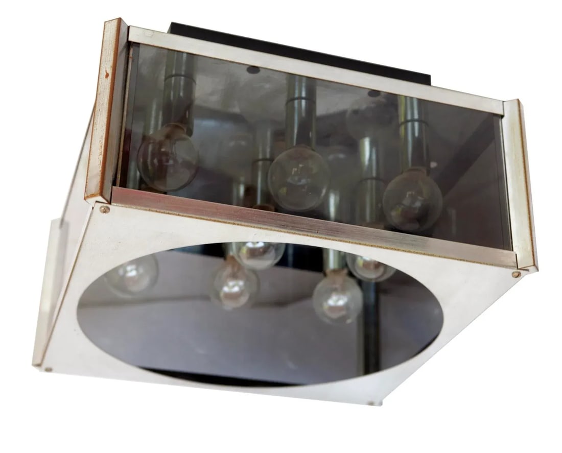 1970s Mid-Century Modern Chrome & Smokey Glass, 9 Light Ceiling Mount Light Fixture - 7