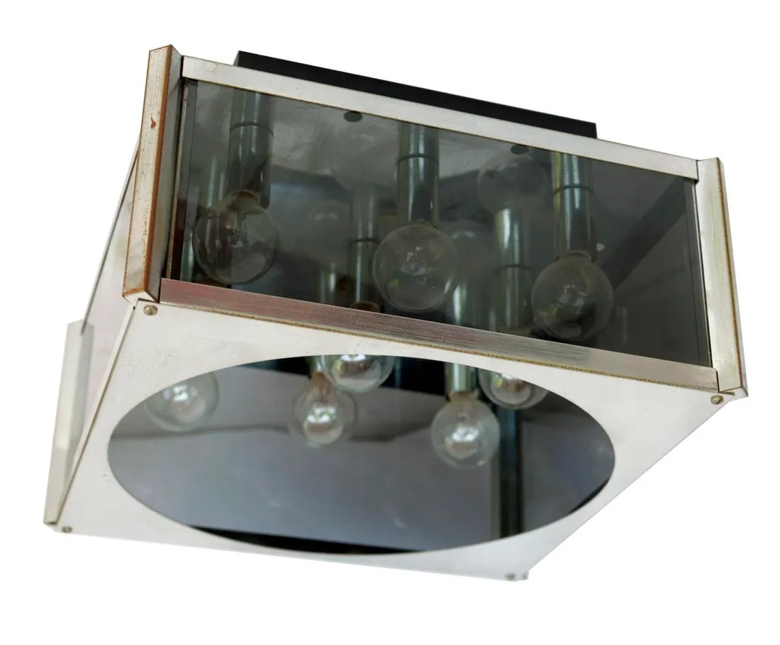 1970s Mid-Century Modern Chrome & Smokey Glass, 9 Light Ceiling Mount Light Fixture - 9