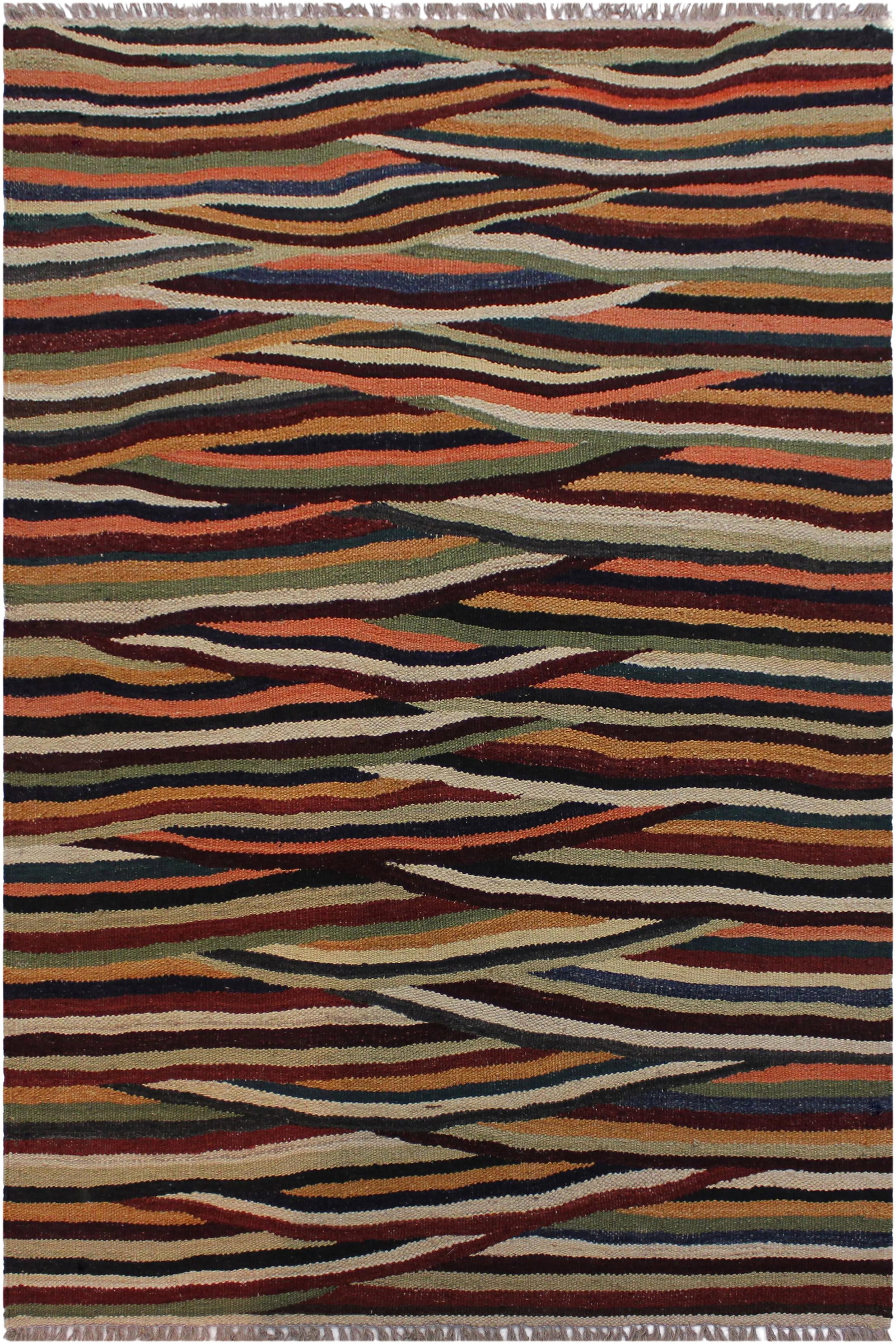 Contemporary Kilim Tan/Red Hand-Woven Wool Rug - 2'10 X 4'3: Add a touch of elegance to your home with this casual chic hand woven Tribal Kilim wool rug. Constructed on a loom by Nomad Turkman people with hand spun wool and 100% Natural Vegetable dyes these bea