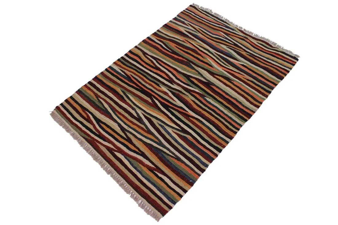 Contemporary Kilim Tan/Red Hand-Woven Wool Rug - 2'10 X 4'3 - 2