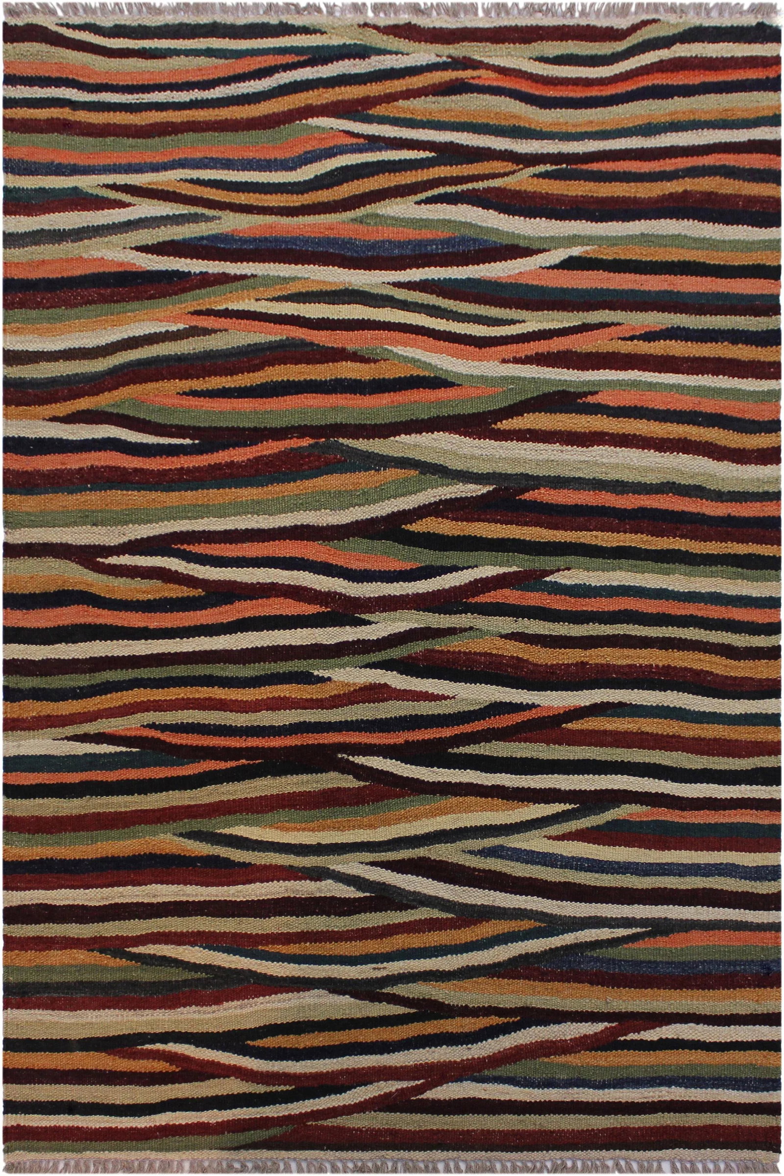 Contemporary Kilim Tan/Red Hand-Woven Wool Rug - 2'10 X 4'3 - 8