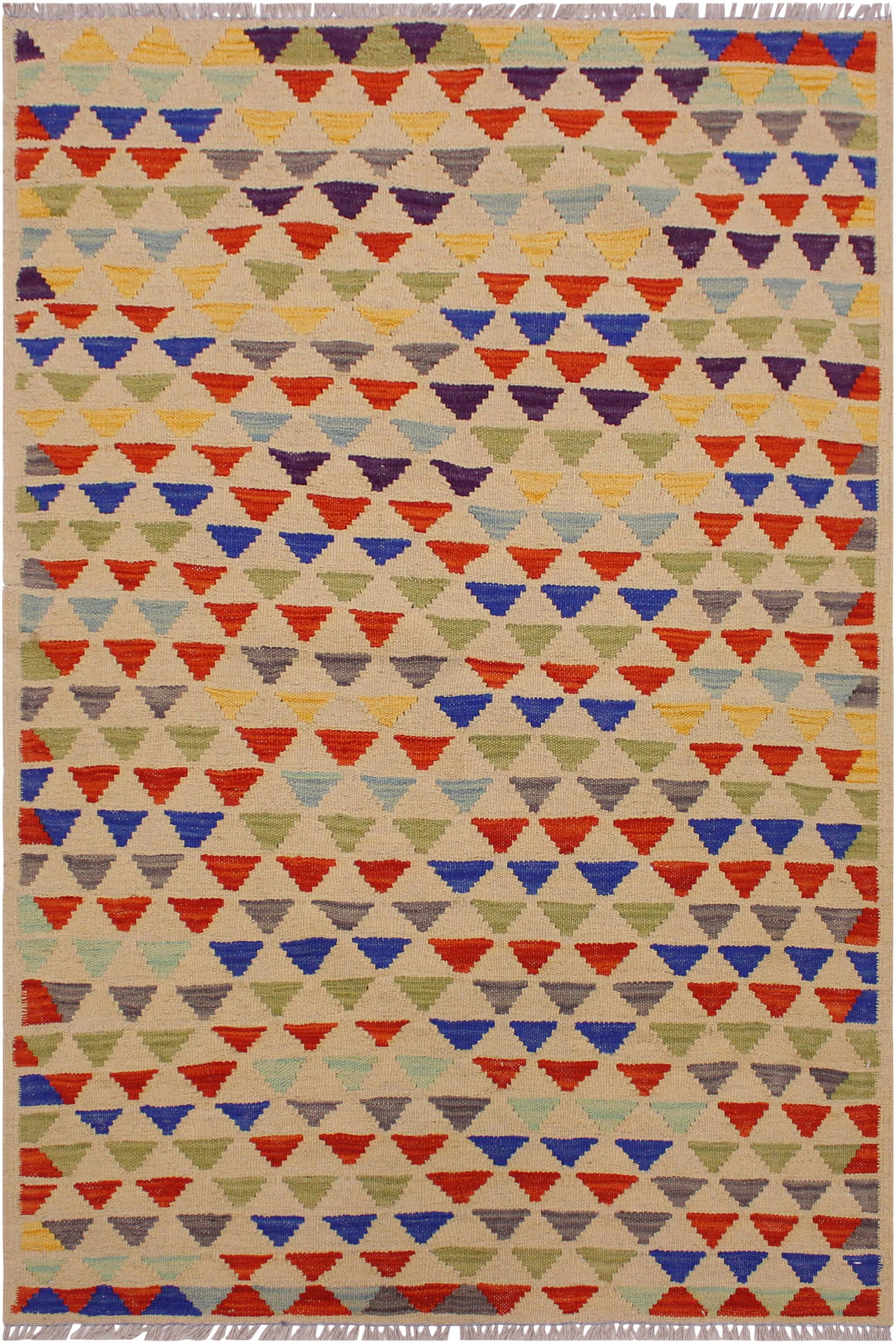 Contemporary Shabby Chic Kilim Ivory/Blue Hand-Woven Wool Rug -3'2 X 4'11: Add a touch of elegance to your home with this casual chic hand woven Tribal Kilim wool rug. Constructed on a loom by Nomad Turkman people with hand spun wool and 100% Natural Vegetable dyes these bea