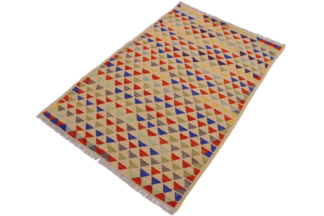 Contemporary Shabby Chic Kilim Ivory/Blue Hand-Woven Wool Rug -3'2 X 4'11 - 2