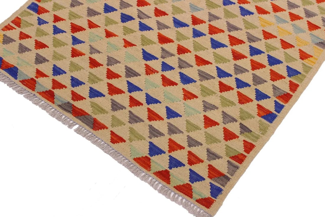 Contemporary Shabby Chic Kilim Ivory/Blue Hand-Woven Wool Rug -3'2 X 4'11 - 3