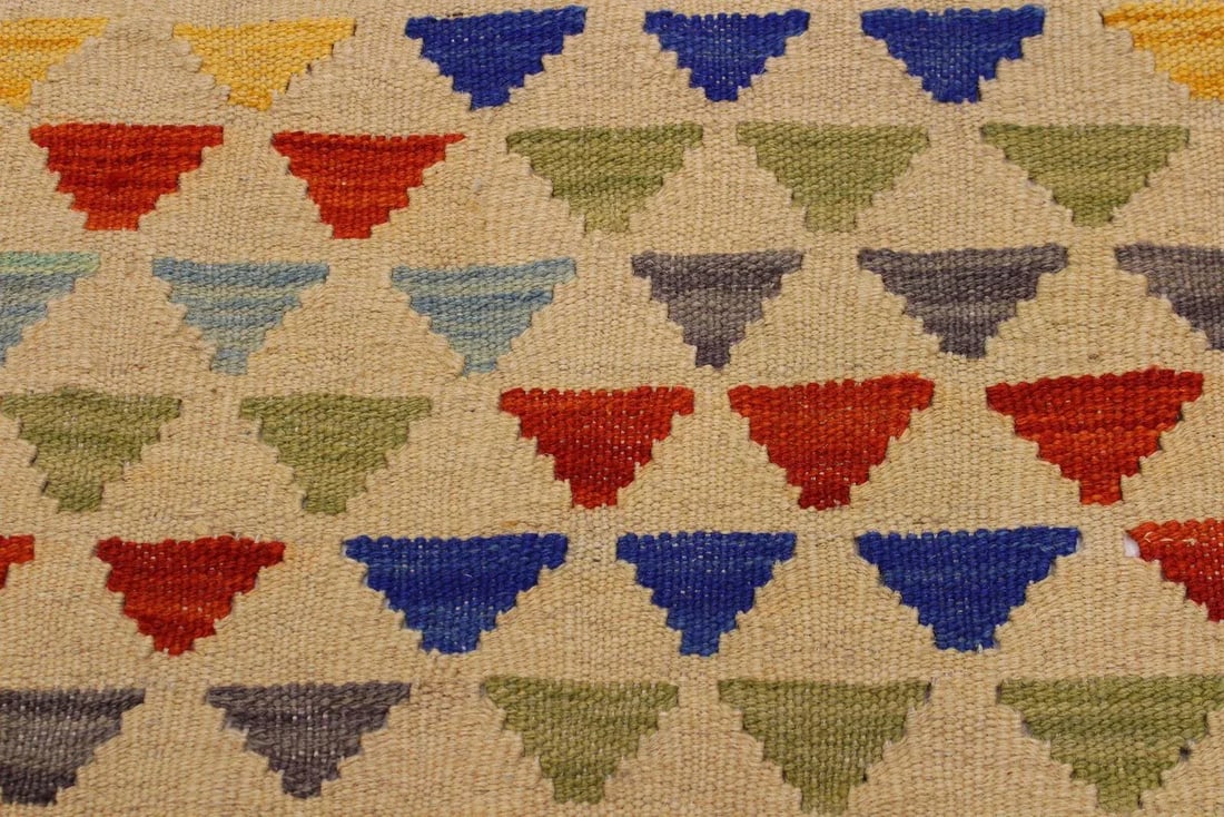 Contemporary Shabby Chic Kilim Ivory/Blue Hand-Woven Wool Rug -3'2 X 4'11 - 4