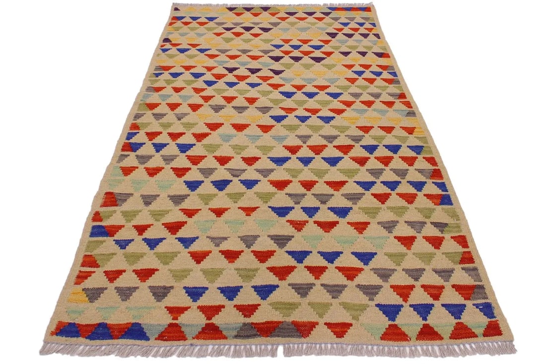 Contemporary Shabby Chic Kilim Ivory/Blue Hand-Woven Wool Rug -3'2 X 4'11 - 5