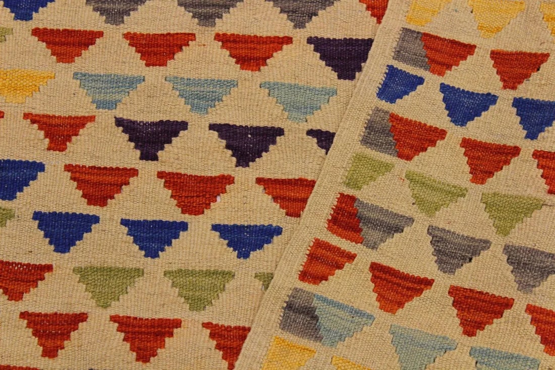 Contemporary Shabby Chic Kilim Ivory/Blue Hand-Woven Wool Rug -3'2 X 4'11 - 7