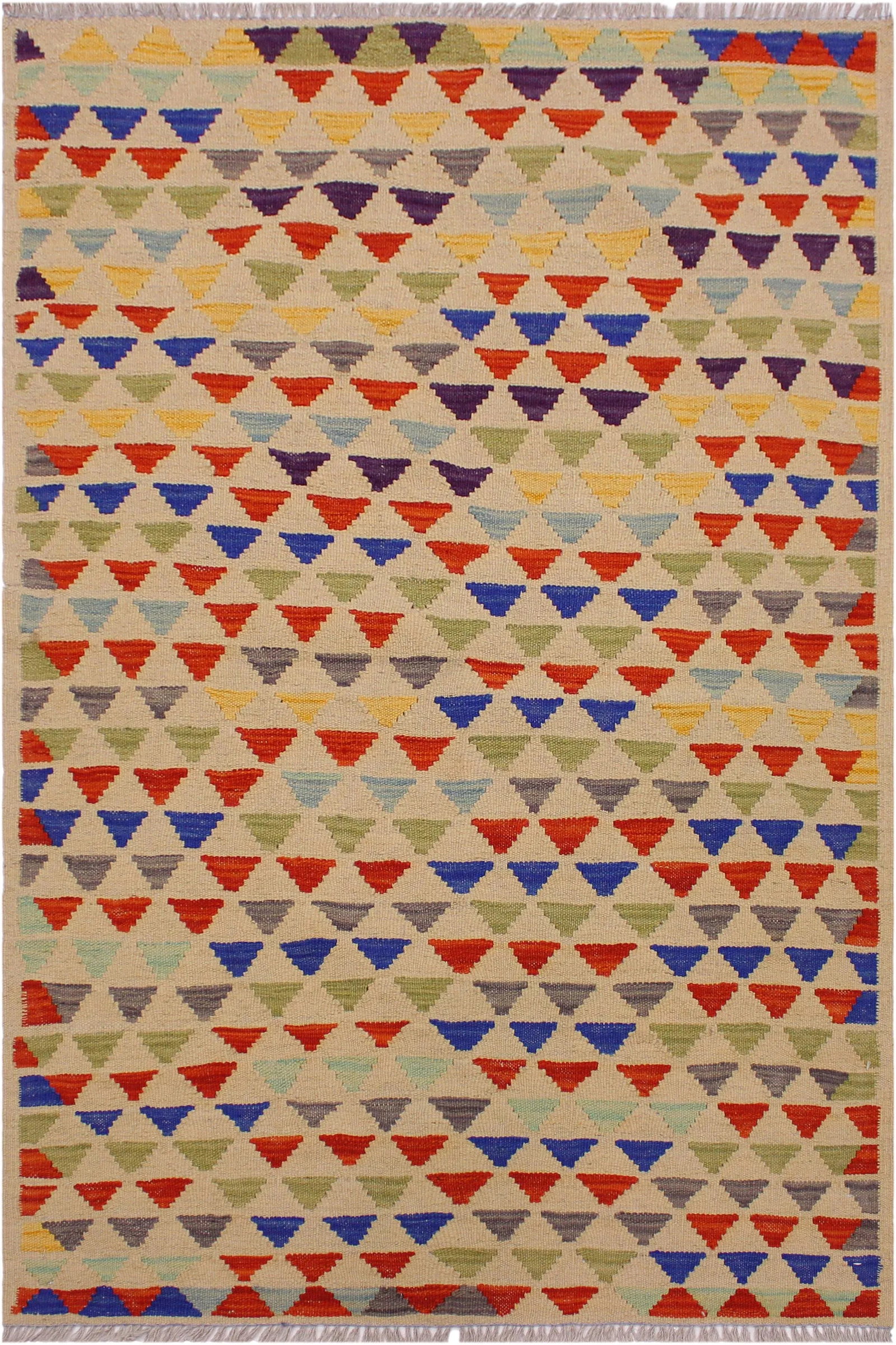 Contemporary Shabby Chic Kilim Ivory/Blue Hand-Woven Wool Rug -3'2 X 4'11 - 8