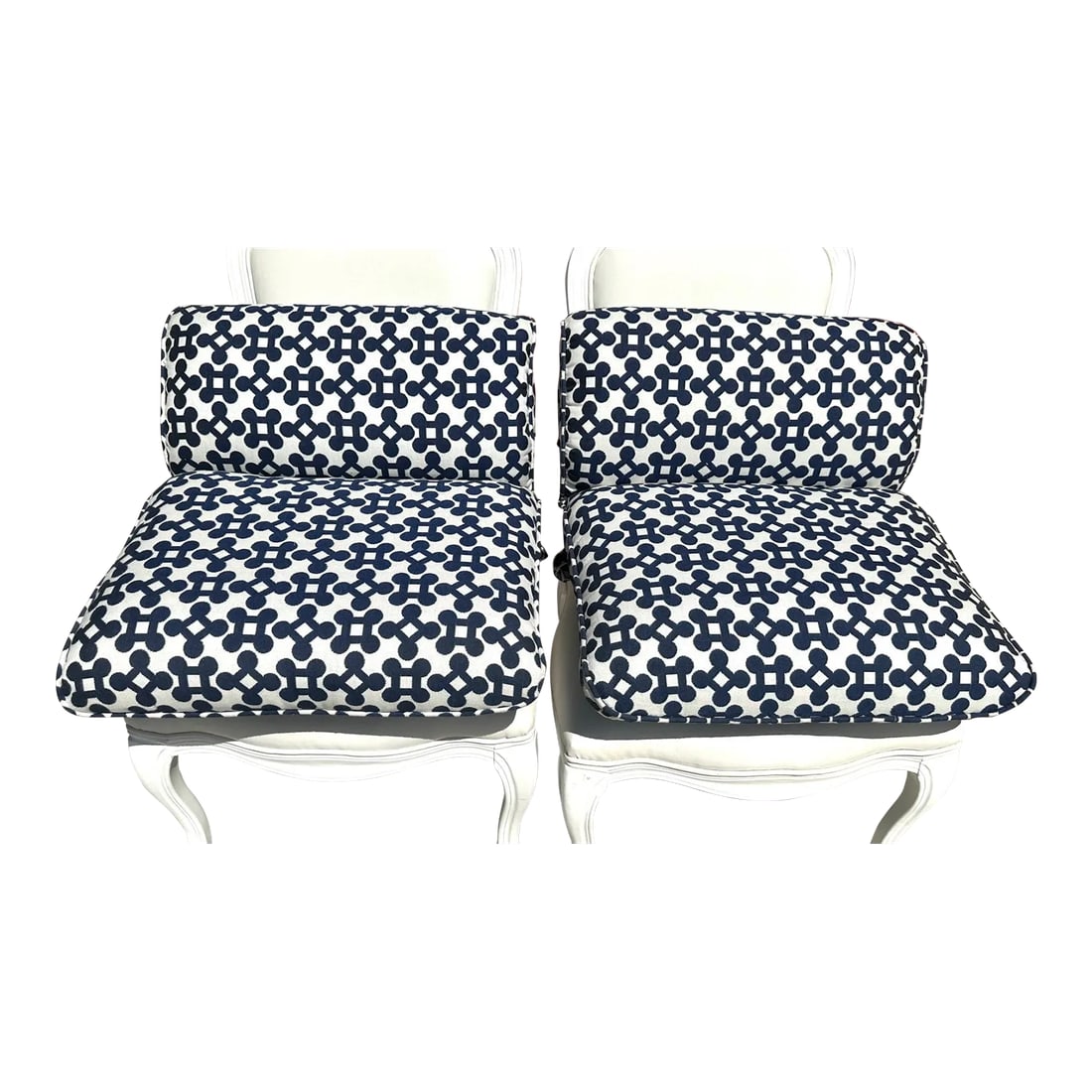 Pair of Navy Blue & White Geometric Outdoor Chair Cushions: Beautiful Blue & White Outdoor Chair Cushion in a Geometric square Pattern. Great on a white or rattan chair. 22in w x28in length x 5in h seat 22x17d back rest 22x11h Make sure to follow me, I have fl