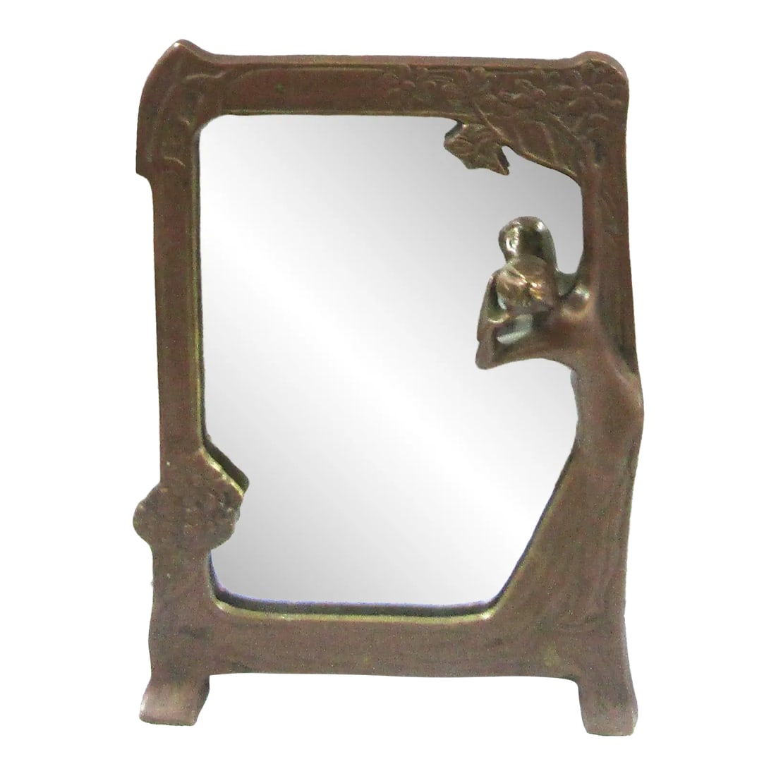 Lady of the Lake Antique Art Nouveau Bronze Free-Standing Table Mirror, Circa 1910: Lady of the Lake Antique Art Nouveau free-standing table mirror, circa 1910 Solid brass mirror with a beautiful young lady holding a tree for support as she looks at her reflection in the lake. The La