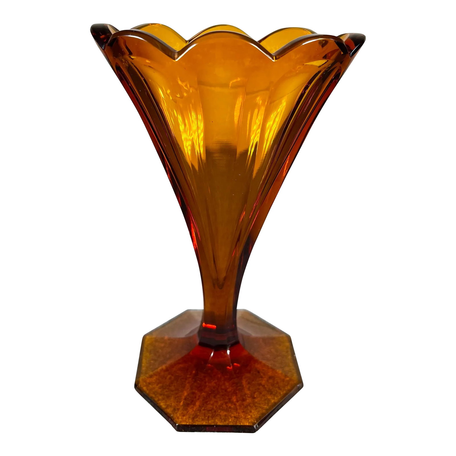 Early 20th Century Art Deco Glass Vase by Moser: Flared art-deco glass vase in a rich honey amber color by Moser Class Co. Made in Czechoslovakia, marked to underside. Condition: Alterations: Original Condition Unaltered Imperfections: Some
