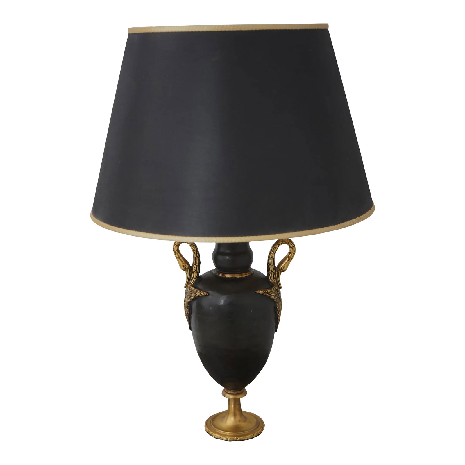 Maitland Smith Bronze & Brass Regency Urn Table Lamp: Age: Approx: 20 Years Old Details: Black Cloth Shade Quality Construction Regency Style Swan Head Side Mounts Hammered Bronze Urn Un-Marked As To Manufacture Condition: Excellent Original Finish & Con