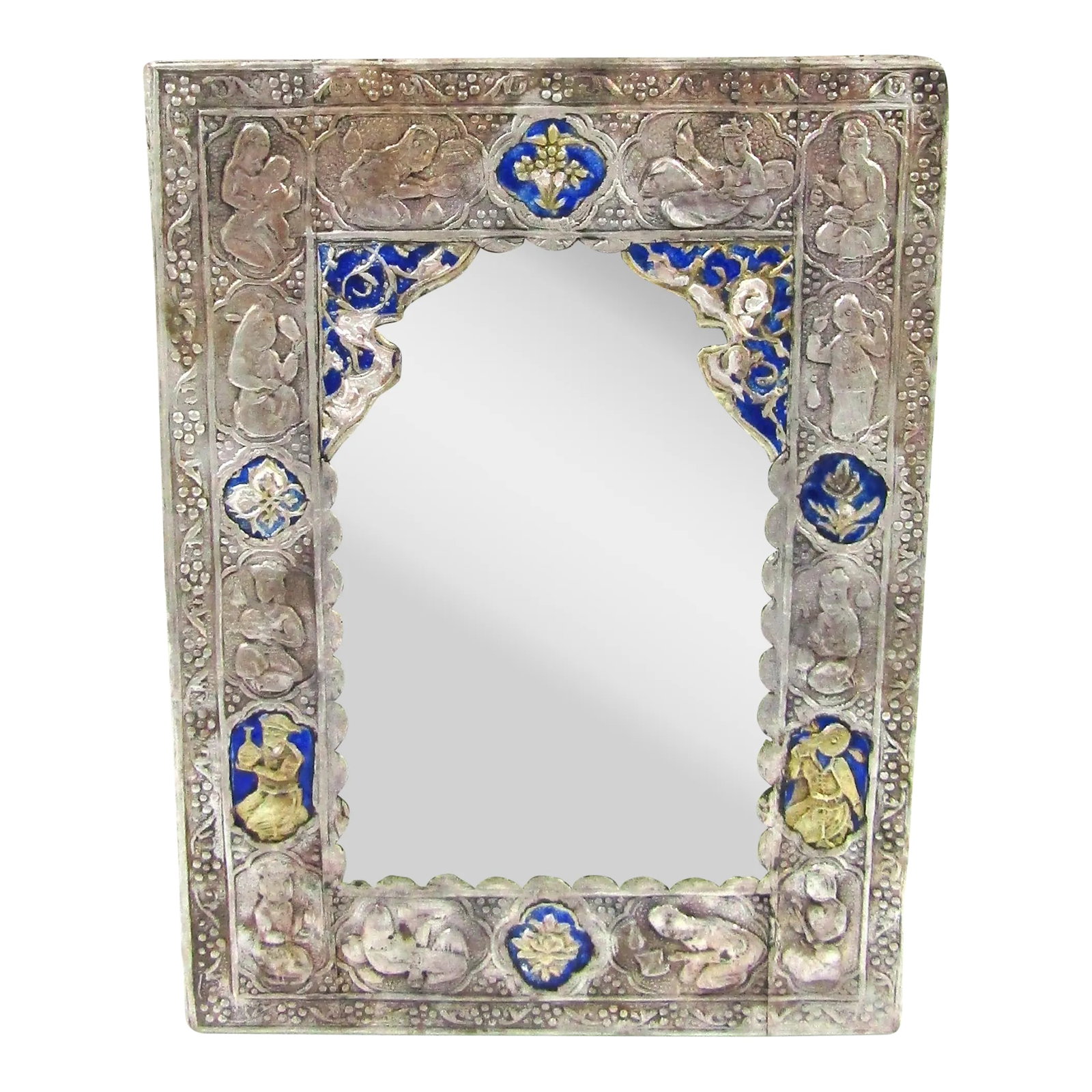 Antique Qajar Silver Plated and Enamel Decorative Mirror in Case: Antique Qajar Silver Plated and Enamel Decorative Mirror In Blue Velvet Case Mirror measures 6 1/4" long, 3/8" wide and 8 5/8" tall. Case measures 10" long, 8" wide and 2" tall. Condition: Alterations