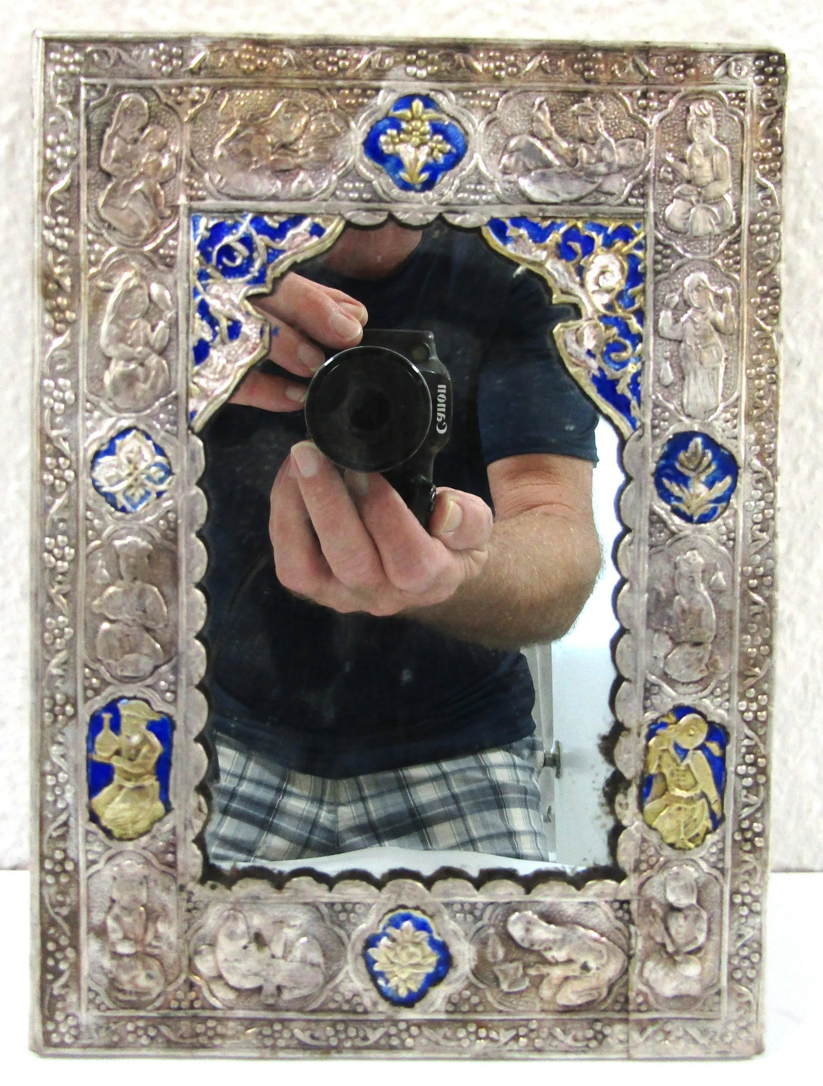 Antique Qajar Silver Plated and Enamel Decorative Mirror in Case - 2