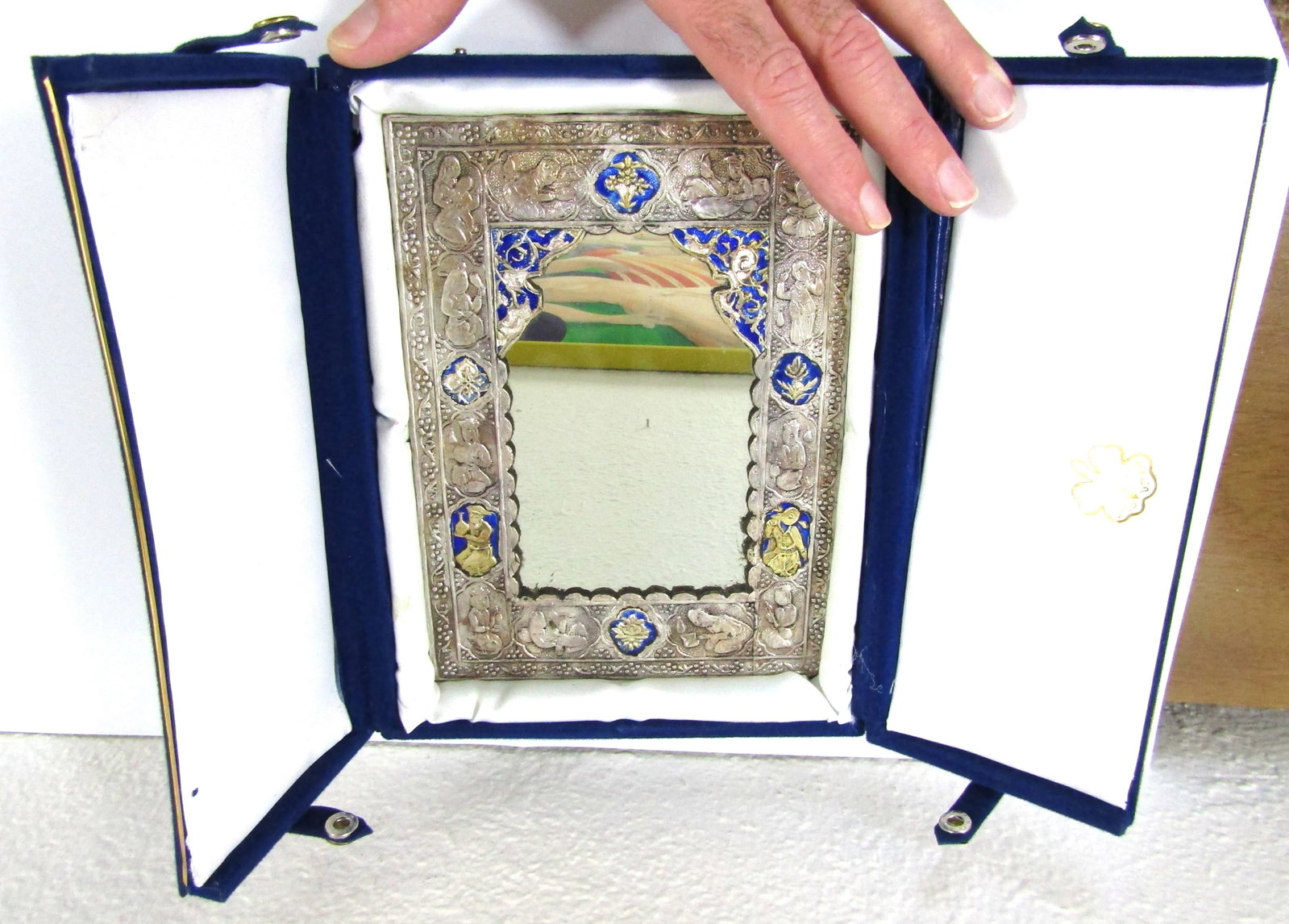 Antique Qajar Silver Plated and Enamel Decorative Mirror in Case - 3