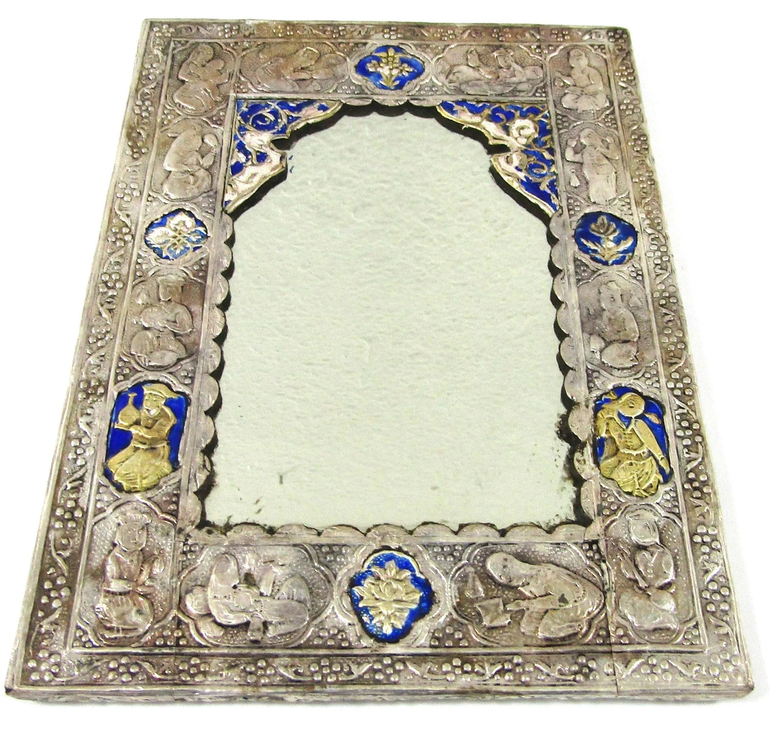 Antique Qajar Silver Plated and Enamel Decorative Mirror in Case - 4